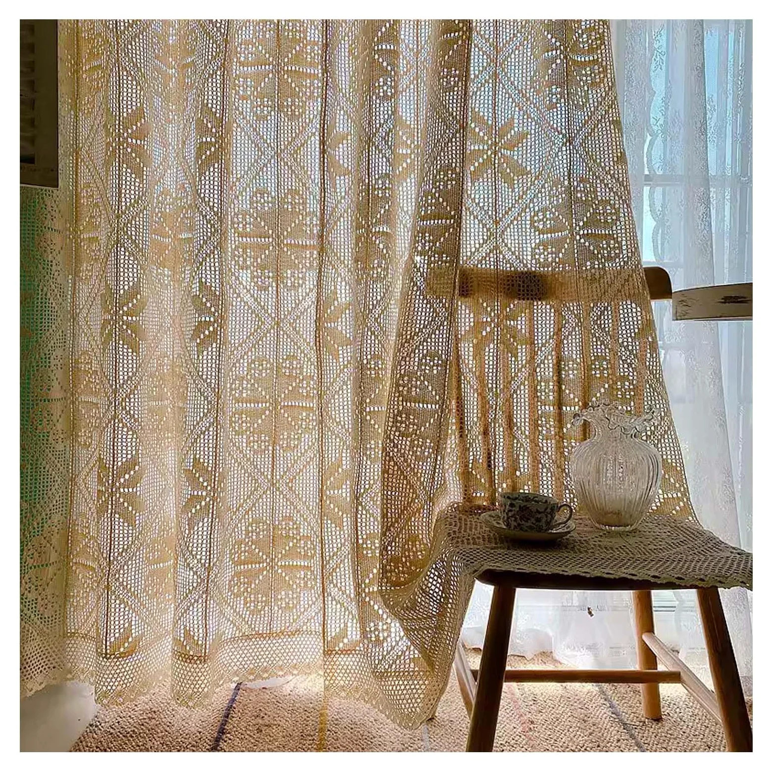 Rideau Transparent en Dentelle Bohème, Rideaux de Fenêtre en Coton Et Lin avec Passe-Tringle, Rideau à Motif Géométrique Rustique Beige avec Pompon pour Salon, Chambre à Coucher, 1 Panneau