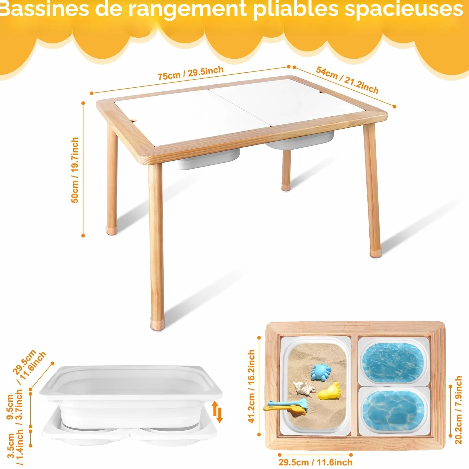 TERRAMUS Table pour Enfants, Table Sensorielle en Bois avec 3 Bacs de Rangement, Table d'eau et de Sable avec Couvercles Intérieure et Extérieure, Table d'activités pour Apprendre, Manger, Jouer