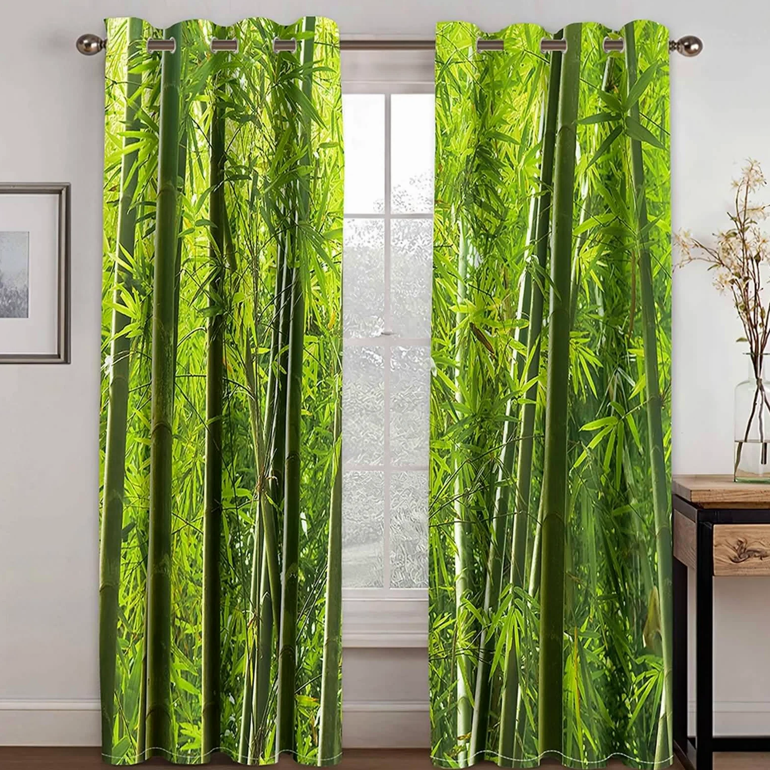 Rideau Salon Moderne, Paysage forestier Naturel de Feuilles Vertes Panneaux d’œillets isolés thermiquement réducteurs de lumière pour Le Salon, Vert, 96x160cm