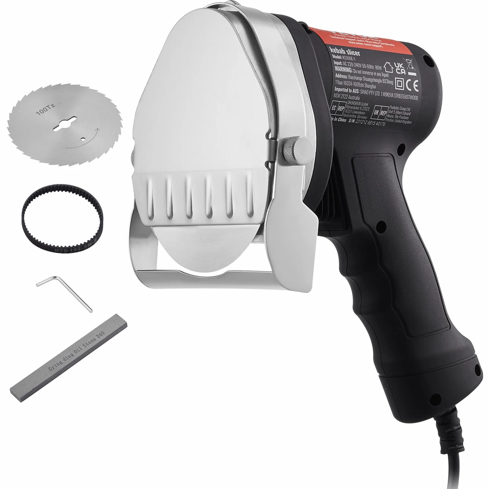 VEVOR Couteau à Kebab Électrique 80 W, Trancheuse à Viande Turc Shawarma Döner Kebab Commerciale Inox, Lame Ø 100 mm, Épaisseur Réglable 0-8 mm