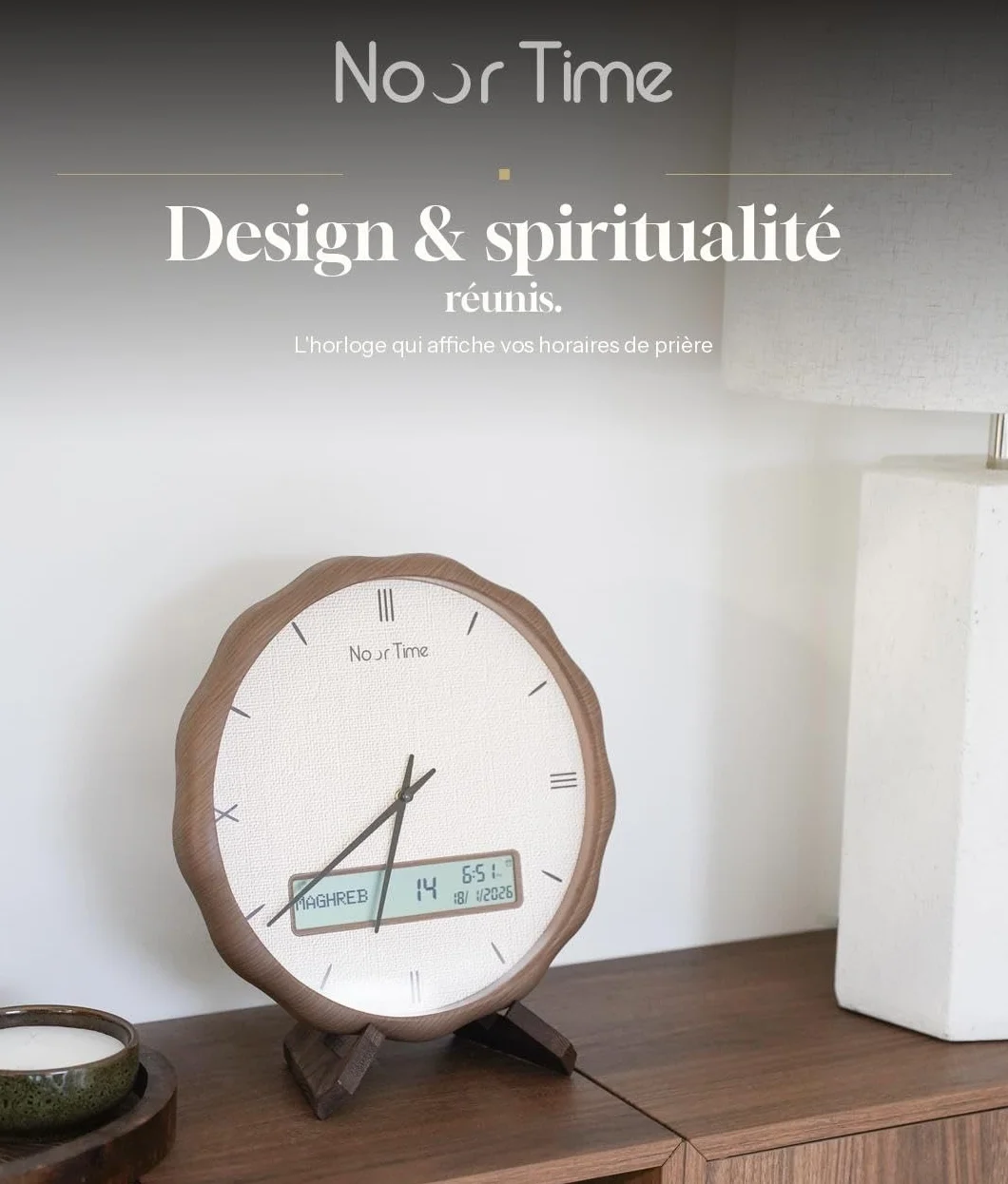 Horloge Adhan avec Appel à la Prière Automatique, Synchronisation Mawaqit, Affichage Numérique LCD, Design Bois, Sons Authentiques Makkah Médine