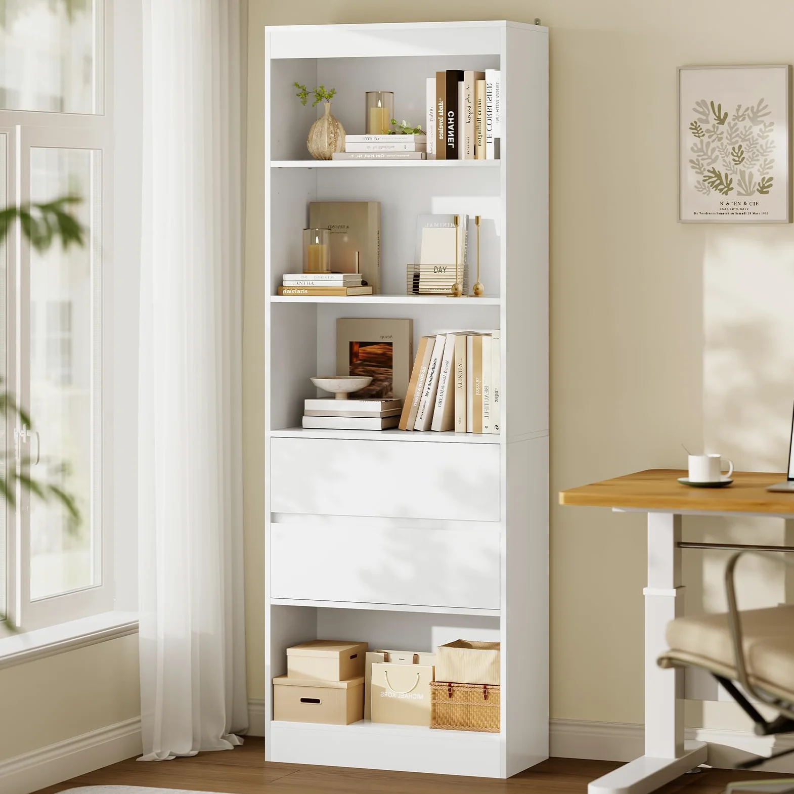 Bibliothèque, Meuble de Rangement avec 2 Grands Tiroirs et 4 Compartiments, Colonne Polyvalente avec Étagère Réglable, pour Salle de Bain, Salon, Cuisine,Facile à nettoyer, 180x60x24 CM,Blanc