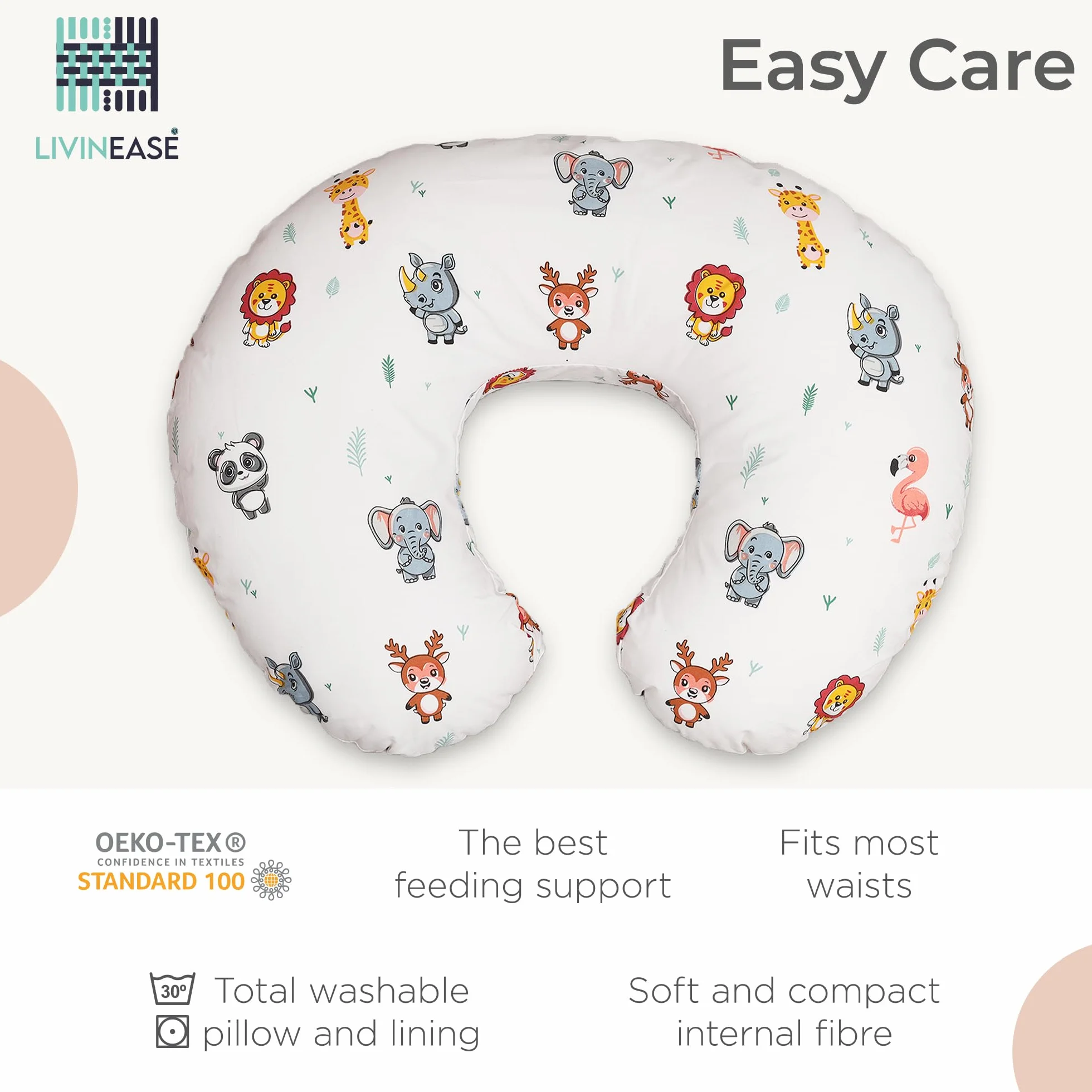 LivinEase Coussin d'allaitement 100% coton certifié OEKO-TEX housse lavable Jungle