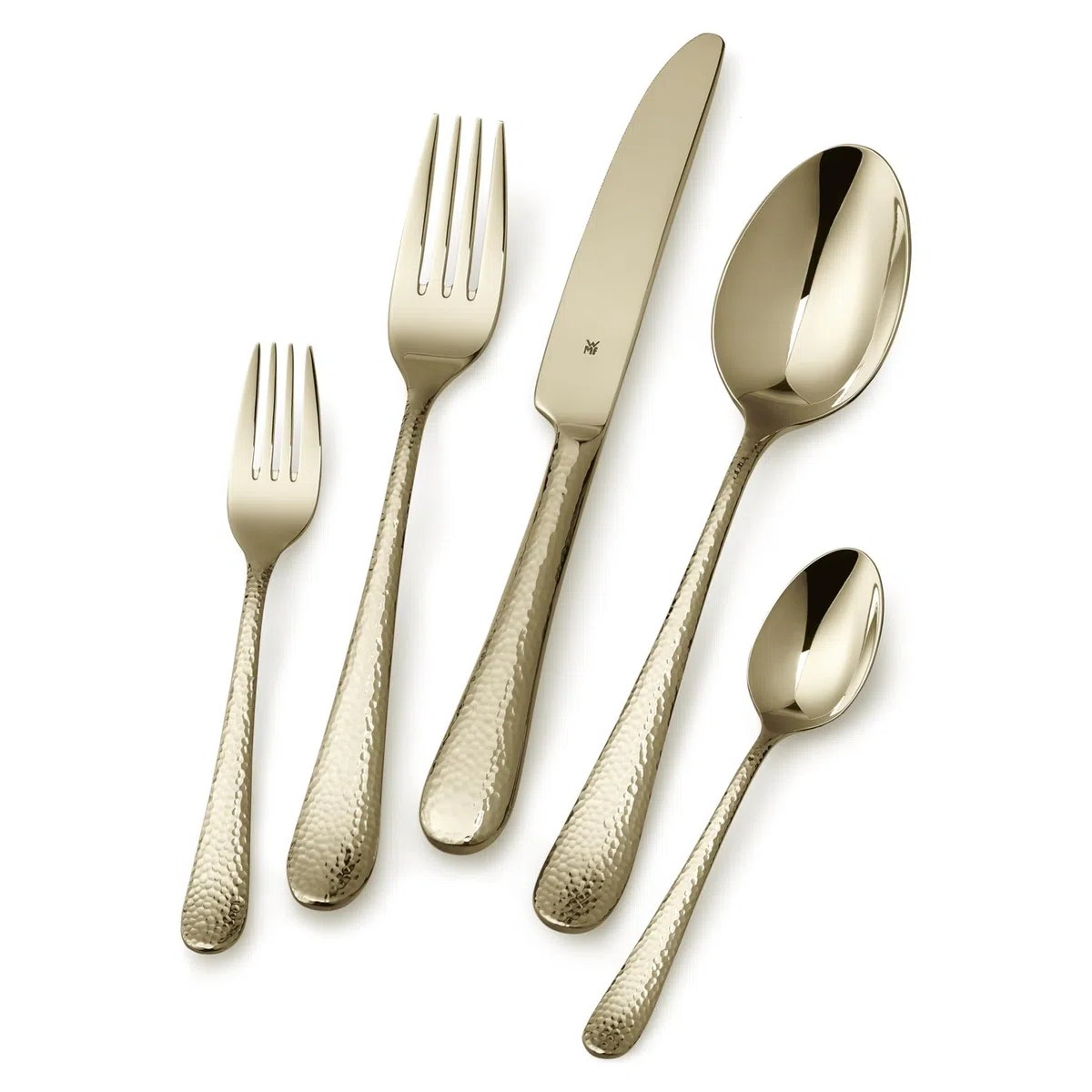 Ménagère WMF Sitello pour 6 personnes, édition or, ménagère 30 pièces, couteau monobloc, acier inoxydable Cromargan poli, finition martelée, ergonomique, brillant, doré