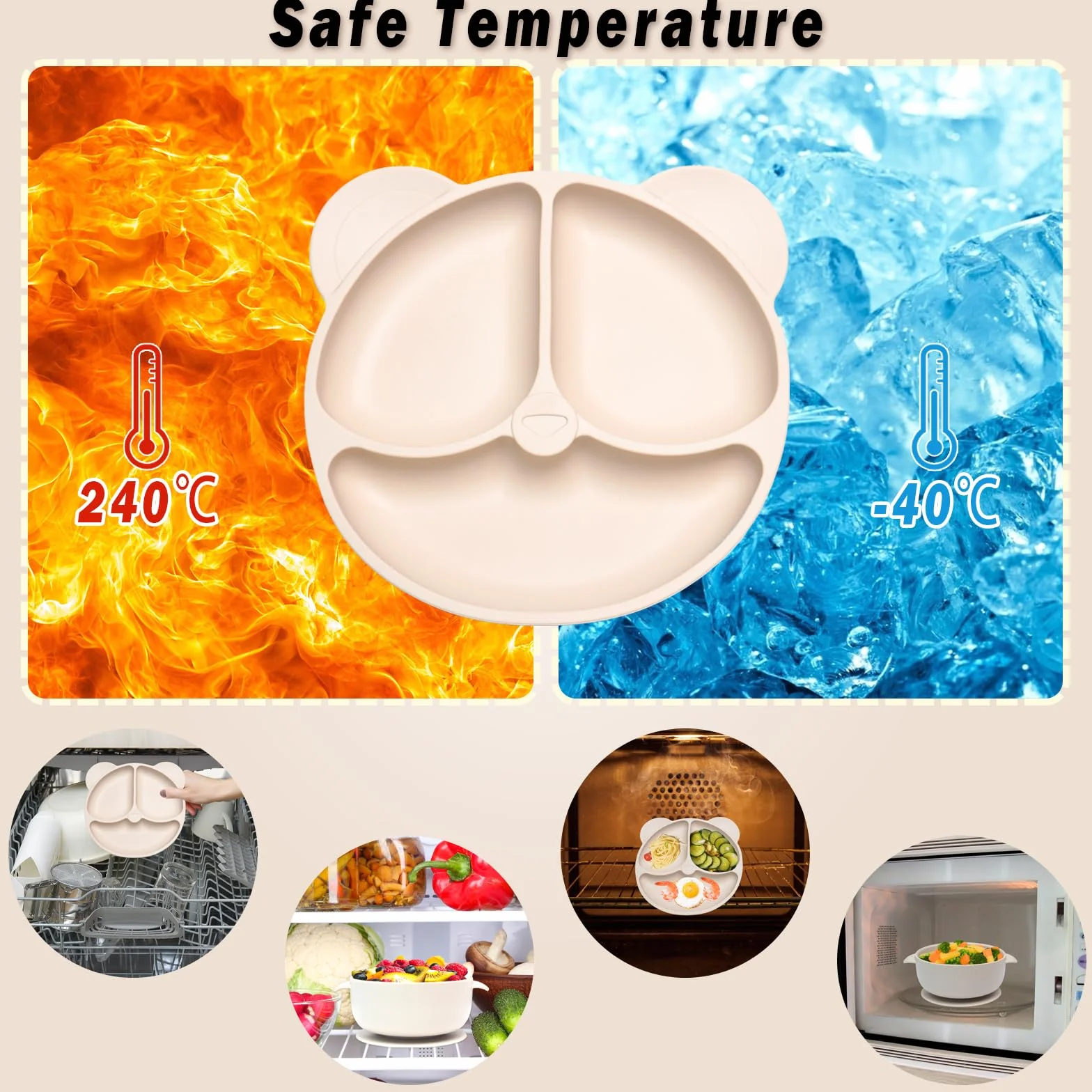 Coffret Repas Bebe Silicone Set Vaisselle Assiette Ventouse Bavoir Couverts Enfant Sevrage Manger Beige