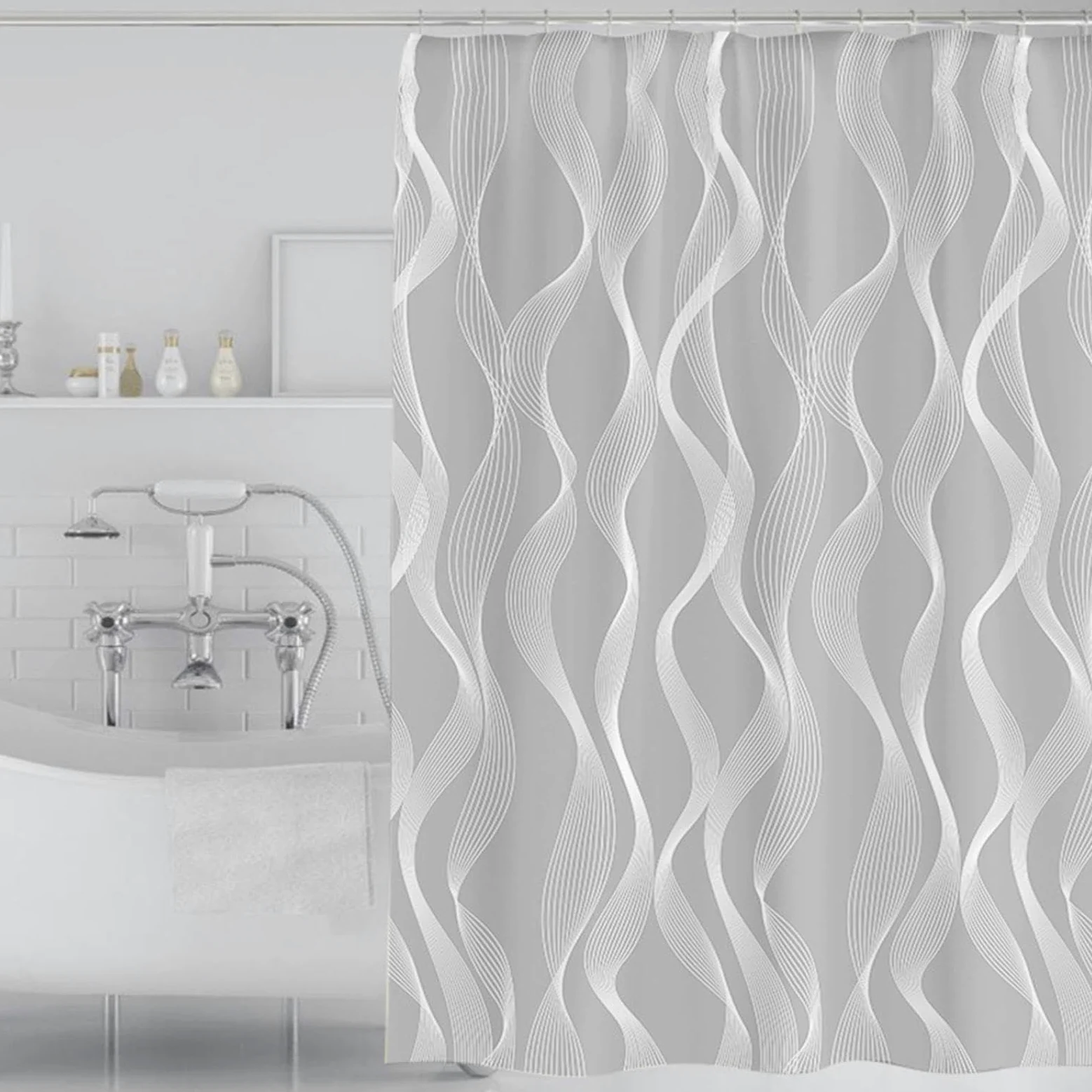 Rideau de douche en tissu imperméable 160 x 200 cm, résistant à la moisissure, rideau de salle de bain à séchage rapide pour baignoire et douche, comprend 12 crochets, lavable en machine, durable et