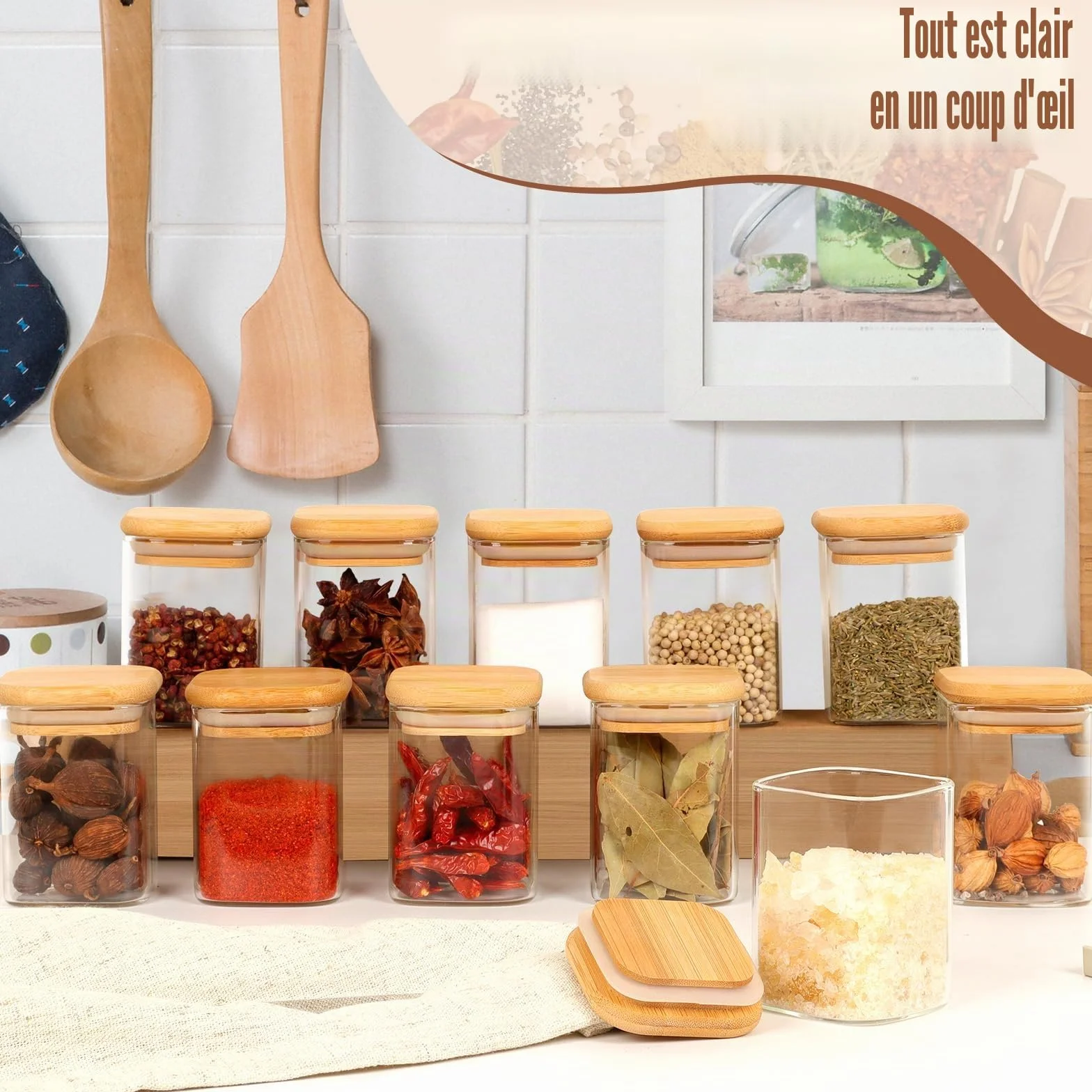 Lot de 12 Pots à Épices Carrés 200 ml Hermétiques avec Couvercle en Bois Verre