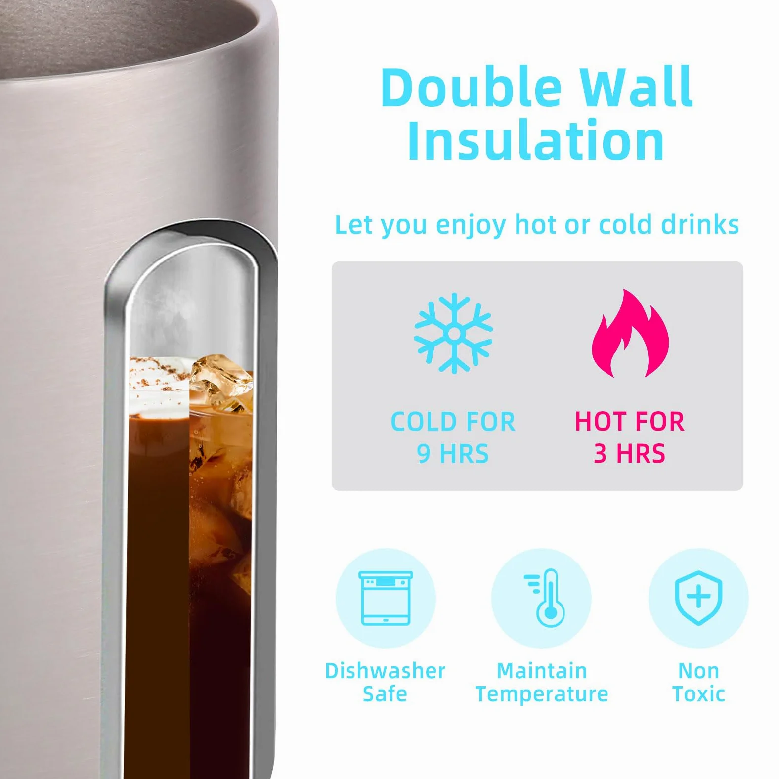 Volhoply Lot de 4 tasses à café isothermes en acier inoxydable avec couvercle – Tasse à café de voyage à double paroi avec poignée – Gobelet isotherme réutilisable en métal pour le camping – Cadeau de
