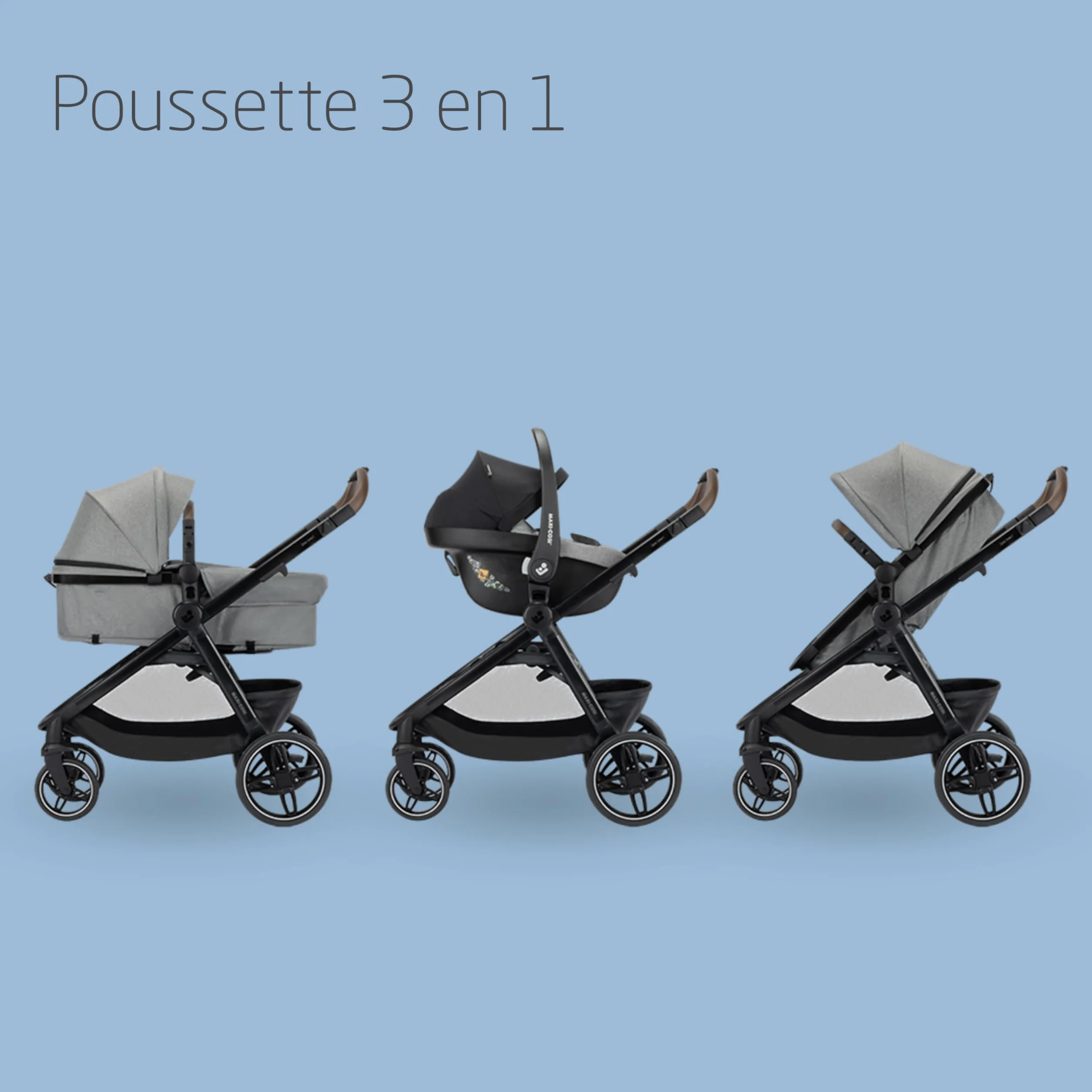 Maxi Cosi Zelia Select Trio Poussette 3 en 1 Siège auto Bébé CabrioFix S i-Size Gris 0-4 ans 0-22 kg Pliage Une Seule Main Compacte Réversible