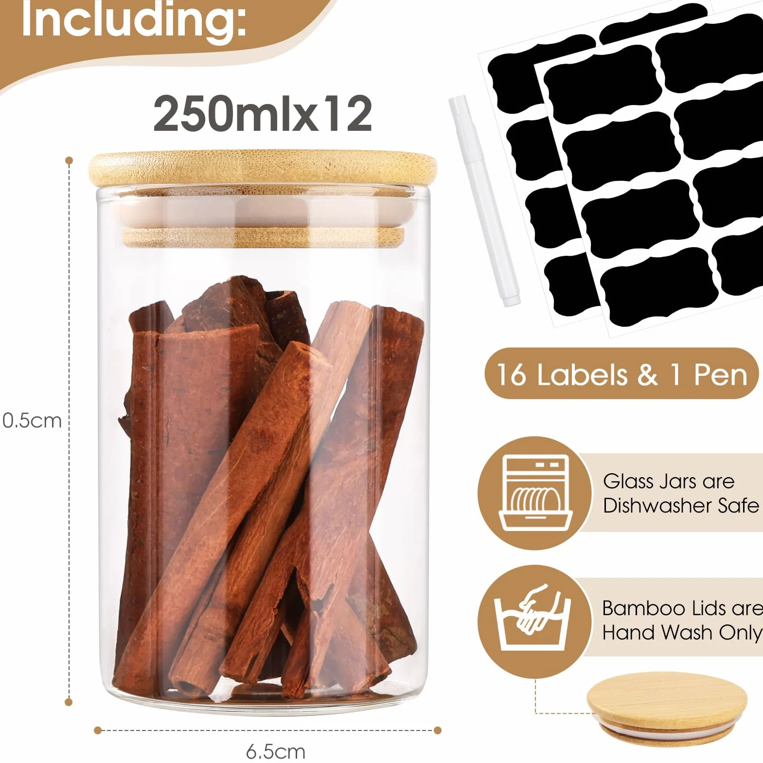 Bocaux à Épices en Verre et Bois 12 Pots 250ml Hermétique ⌀6,5cm x 10,5cm