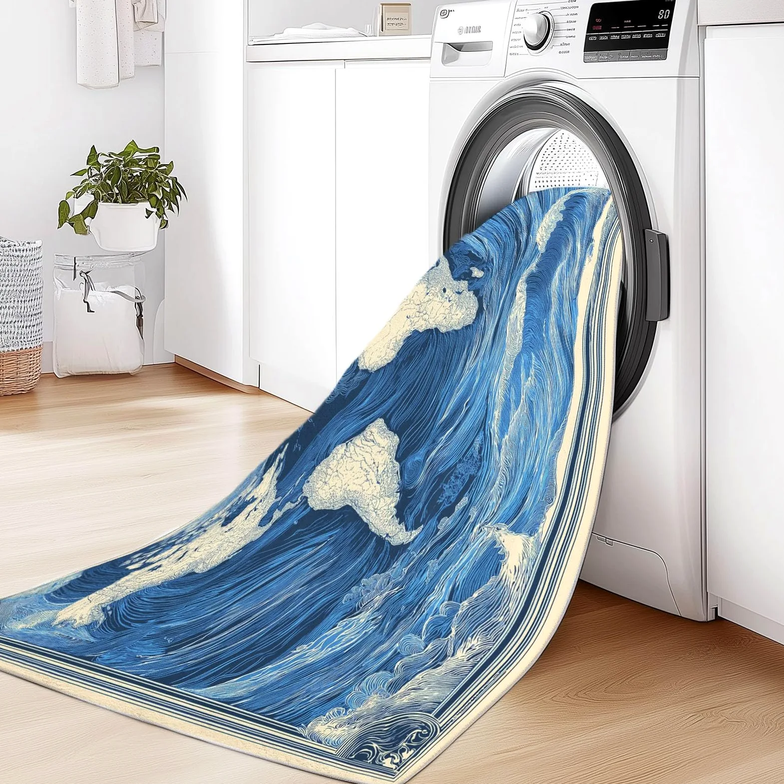 Générique Tapis Salon Affiche Rétro Carte du Monavec Vagues L'Océan 90 x 150 cm Tapis Chambre Impression 3D Moderne, Bleu Moquette Antidérapant Lavable Machine, pour Salon Salle à Manger Bureau