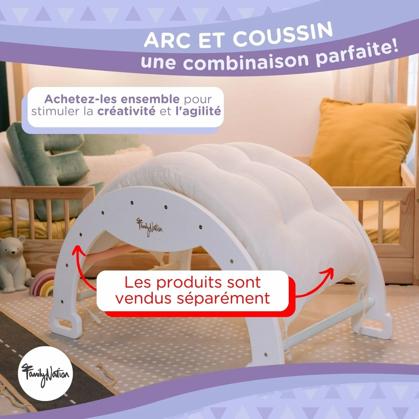 Coussin pour Arche d'escalade Rainbow Family Nation, Jouet Montessori 94x44x8 cm, Laine Pelucheuse, Lavable en Machine