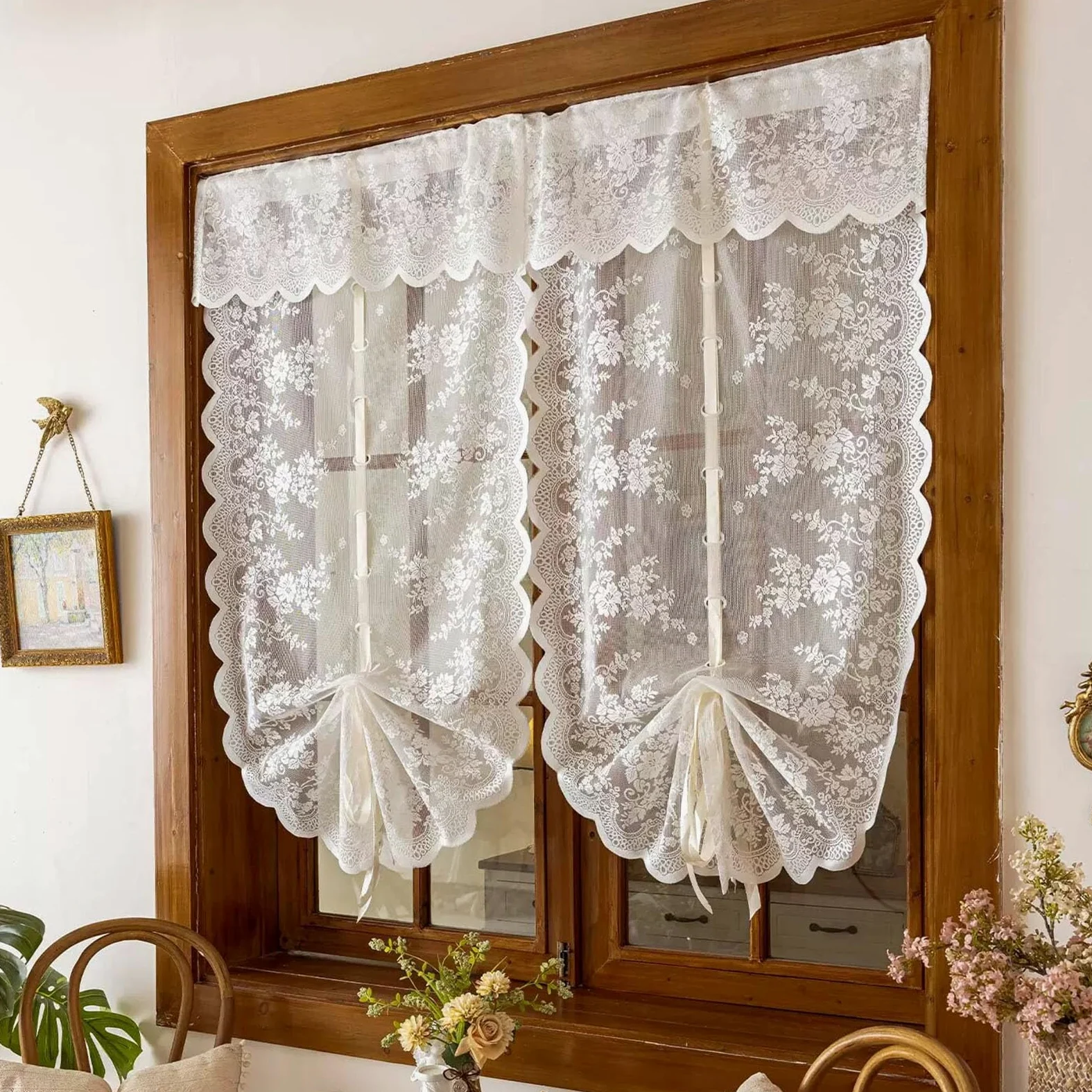 2 Pièces Français Rideaux de Ballon À Nouer, Rideaux Élégants Brodés À Fleurs Filtrant la Lumière AVCE Bords Festonnés et Passe-Tringle pour Cuisine(WxH80x240cm/31x94inch)