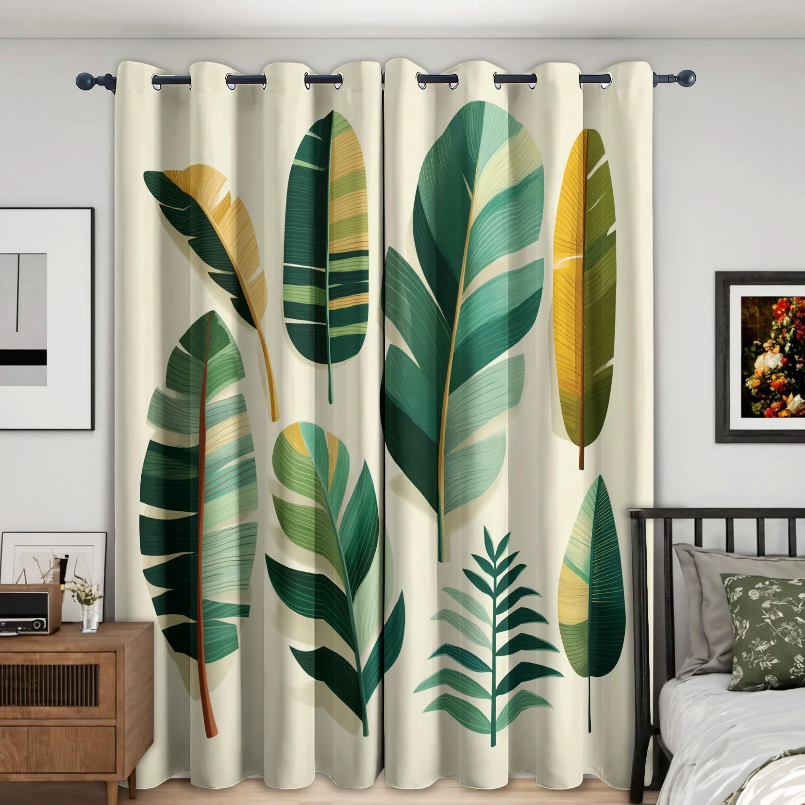 Rideau Occultant Feuille De Bananier, Feuilles Tropicales Motif Rideaux Thermiques à Oeillets, Rideaux Imprimé pour Salon Chambre Fenetre Moderne Décoration, 117x183 cm (L x H), Lot de 2