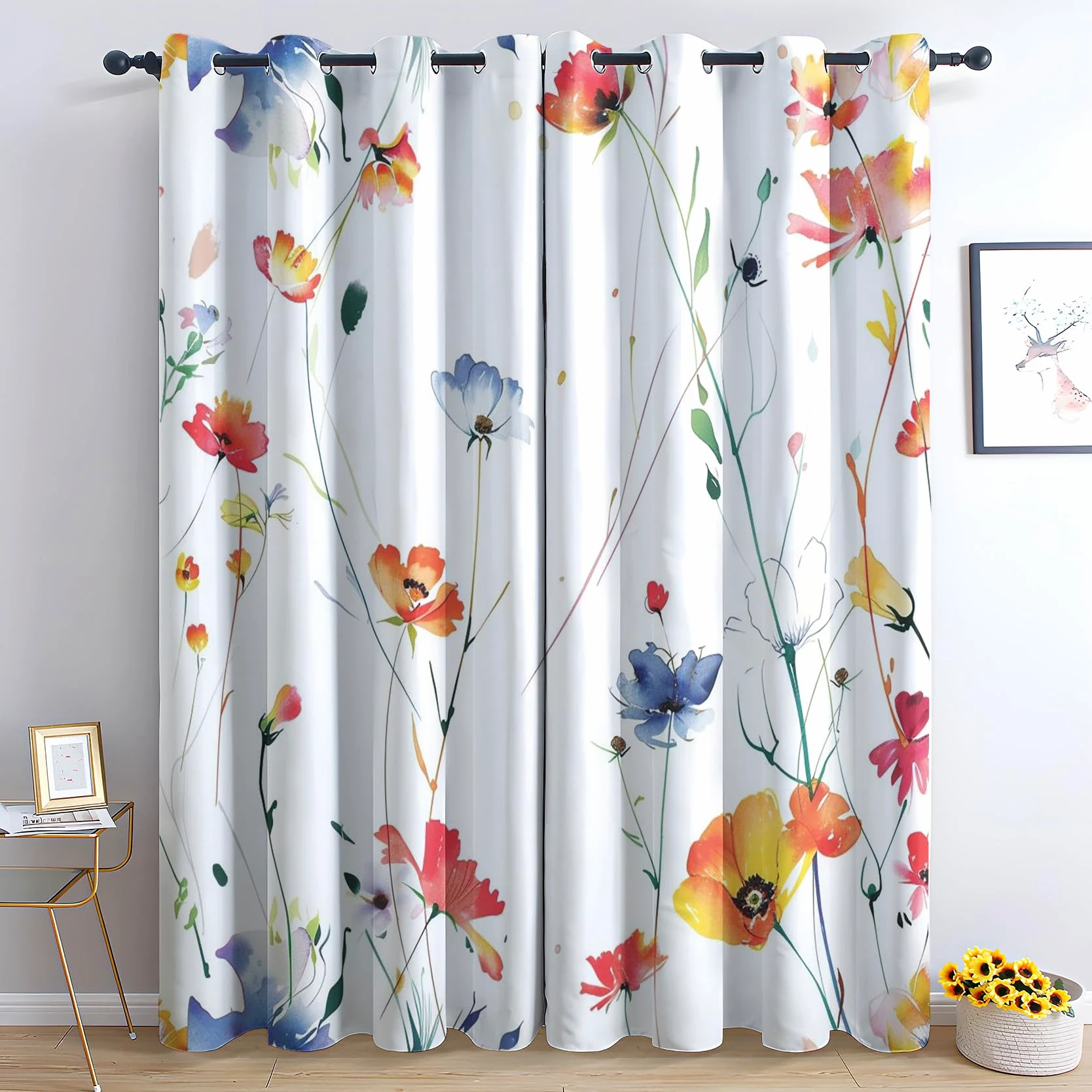 Rideau Occultant Aquarelle Fleur, Rideaux Thermiques à Oeillets pour Chambre, Motif Plante Floral Rideaux Salon, Moderne Lot de 2 Décoration de Fenêtre Rideaux 140x160cm LxH (Wx-&91)