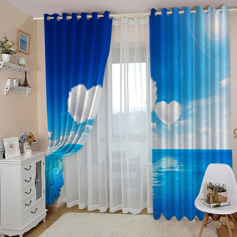 Rideaux Et Draperies Intérieurs 3D Ciel Bleu Coeur Nuage Blanc Motif Rideau Occultant À Oeillets Decoration Salon Chambre Maison pour Enfant Adulte 2 Pièces 280x160Cm Design Moderne Imprimé