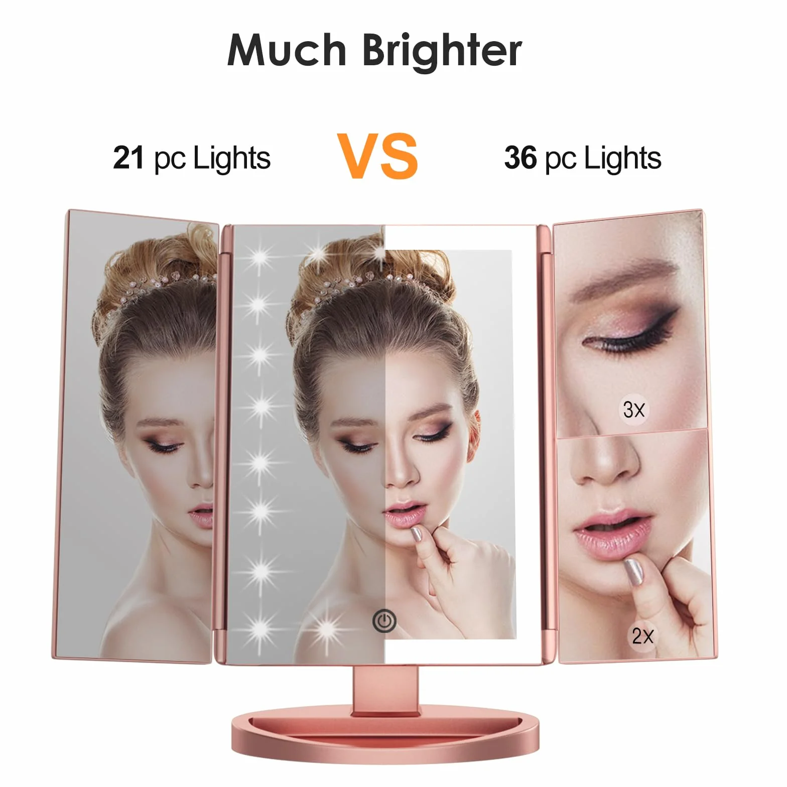 WEILY Miroir Maquillage Grossissant Lumineux LED Pliable 1X/2X/3X Écran Tactile USB Batterie Or Rose
