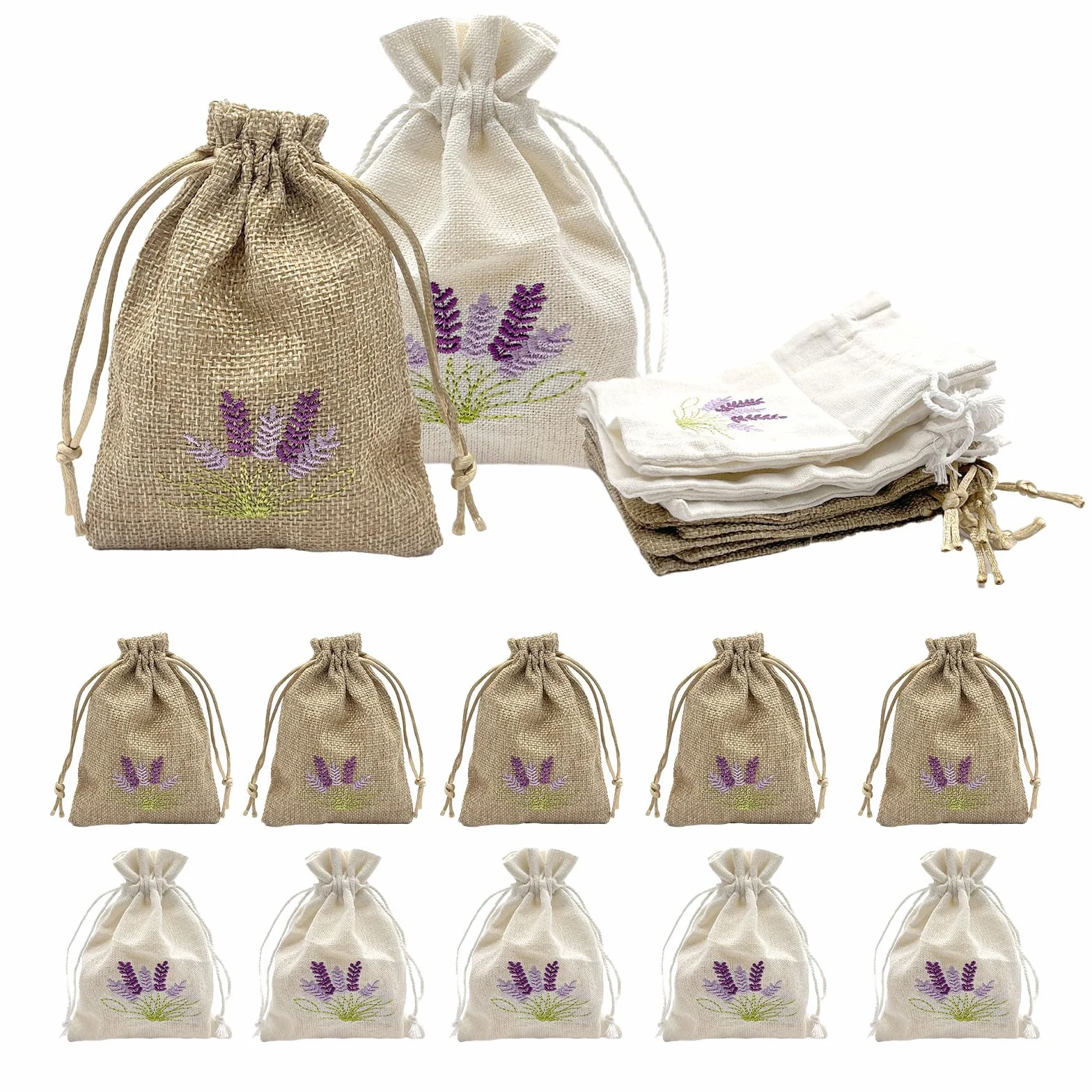 Sachets de lavande vides à remplir avec cordon de serrage, coton et lin, lot de 12