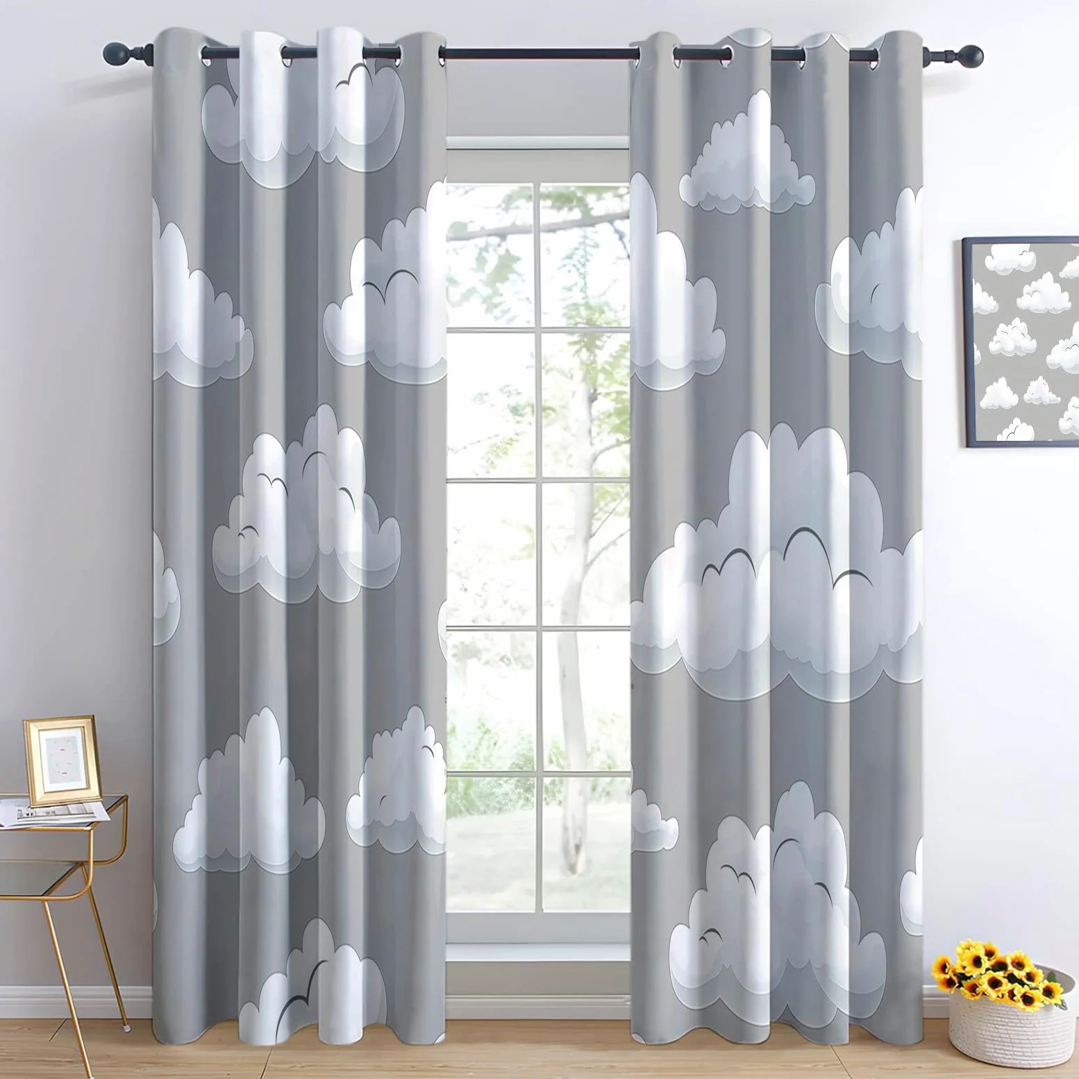 Générique Lot de 2 Rideaux 100% Occultants Gris, Rideaux de Fenêtre à Isolation ImpriméS à Nuages Rêve Simples pour Salon Chambre à Coucher Maison Bureau Draperies à Oeillets 110L x 215H cm