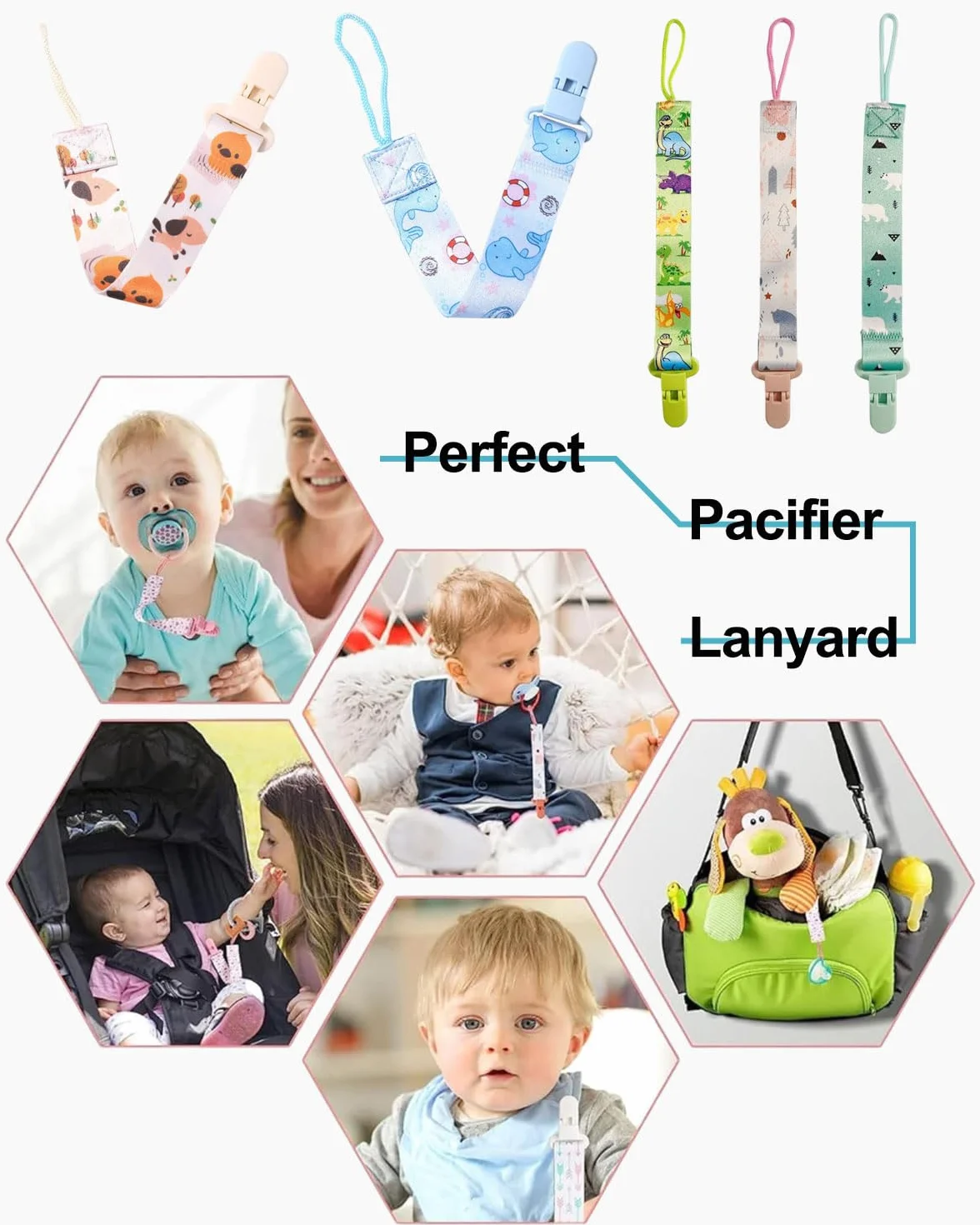 Attache Sucette Bébé Lot de 5, attaches-tétines avec sangles en coton, Pacifier Clip Chain