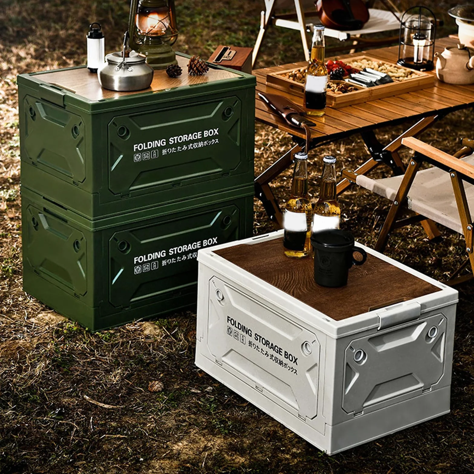 Boîte de Rangement de Camping Pliable, Bacs de Rangement Empilables avec Couvercle, Conception à Poulie, étanche, Ouverture sur 5 Côtés, Bacs de Rangement Pliants de Camping pour Voiture et(Vert)