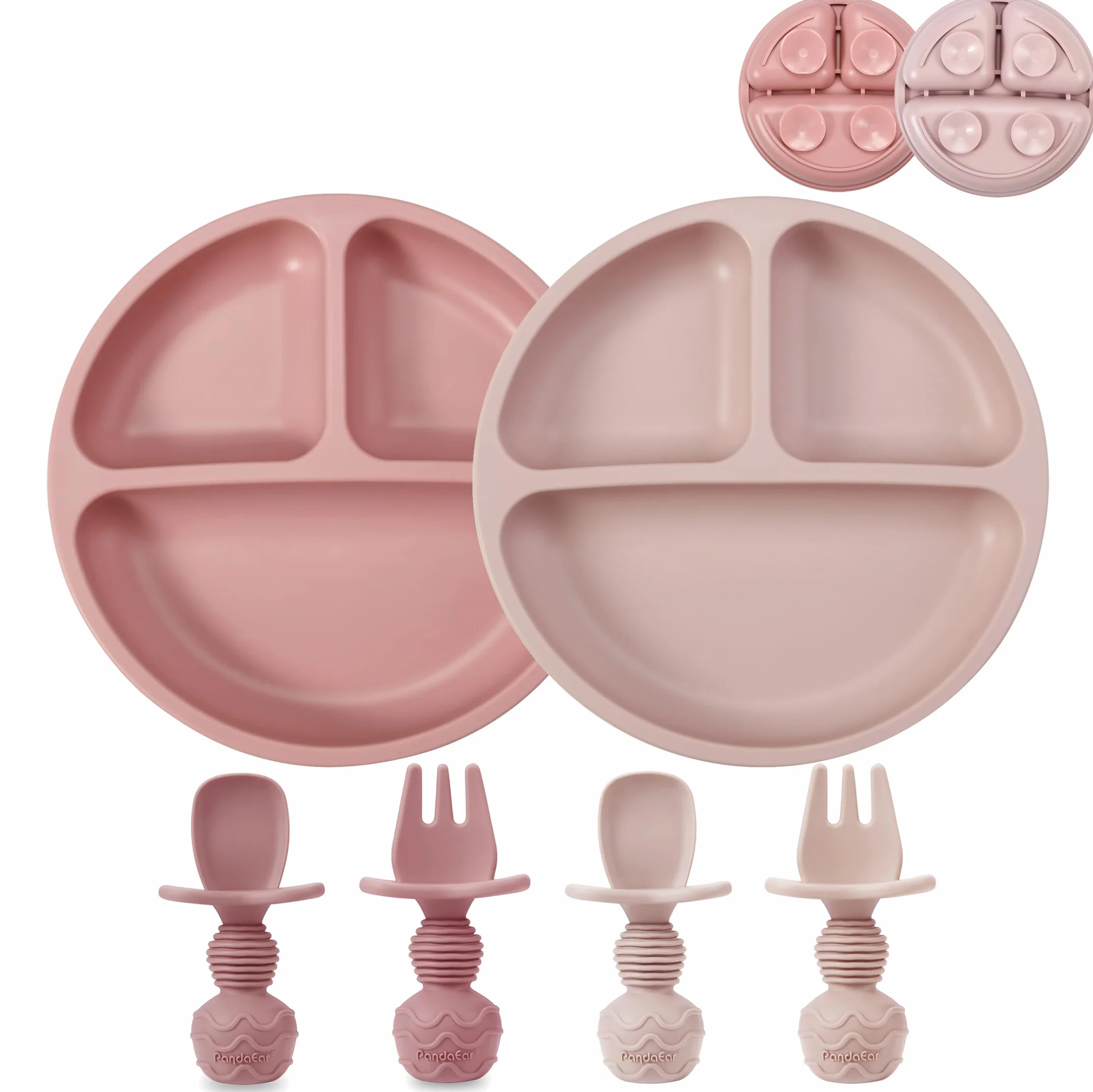 PandaEar Lot de 2 Assiettes à Ventouse Divisées pour Tout-Petits avec Couverts en Silicone, Rose