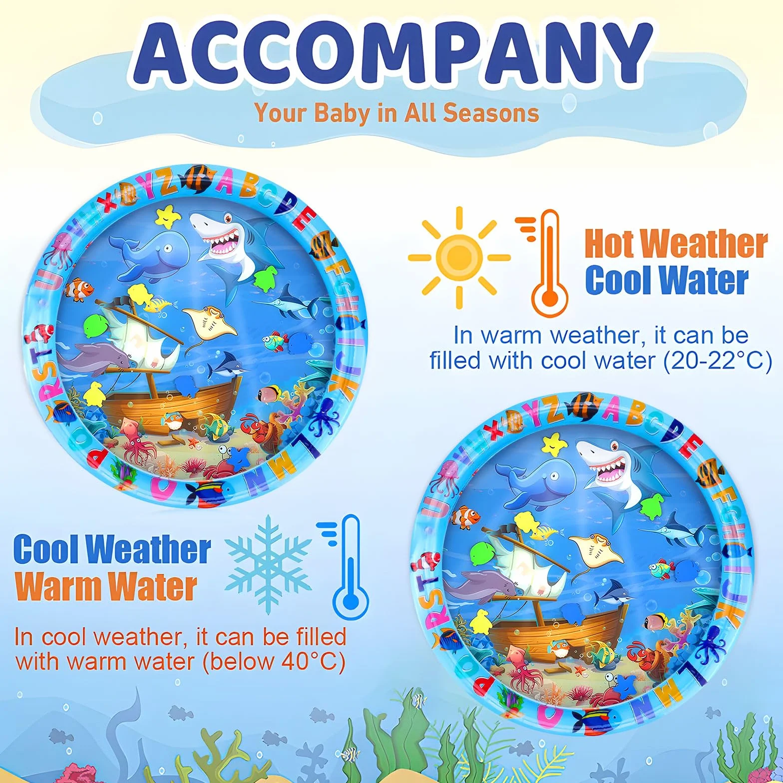 Tapis Eau Bebe Eveil 63 x 63 cm Aquarium Bebe Gonflé PVC Imperméable Motif Dauphin Sensoriel Rond