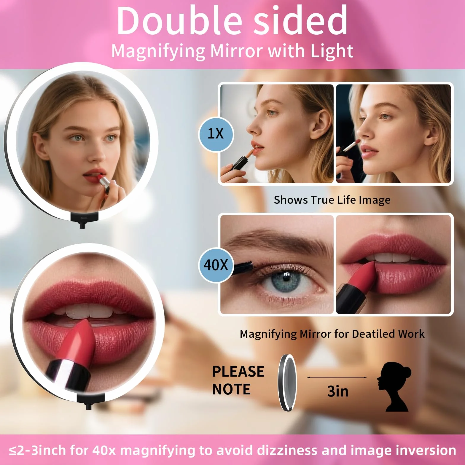 Miroir grossissant avec éclairage 40X/1X, voyage maquillage, double face 15 cm, rechargeable, pliable, pivotant 360°