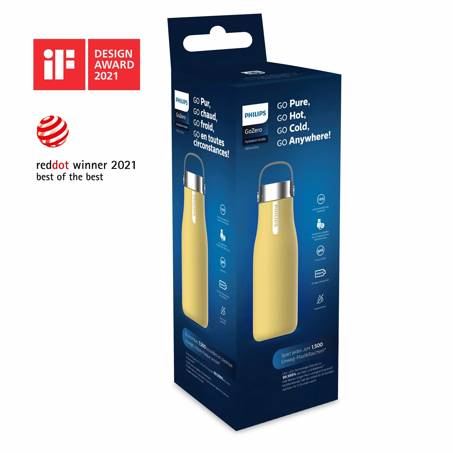 Philips Water Gourde ThermoSmart UV Go Zero 590 ml, jaune pastel – AWP2788YL, technologie de stérilisation par UV, élimine 99,999 % des BACTÉRIES, VIRUS et PARASITES