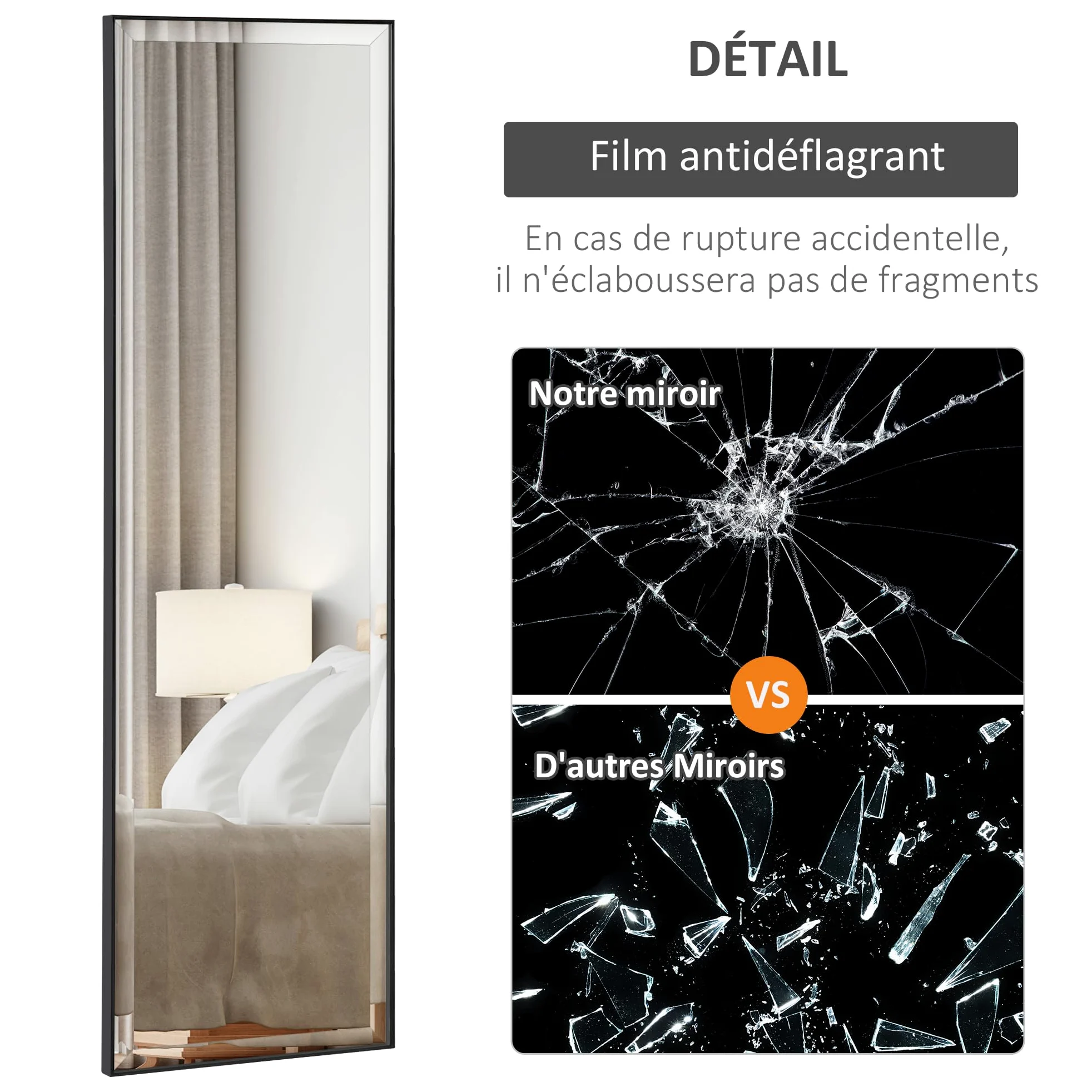 HOMCOM Miroir Mural Film Sécurité Anti Déflagrant 120L x 35l cm Noir | Système Attache Inclus, Cadre Alliage Alu.