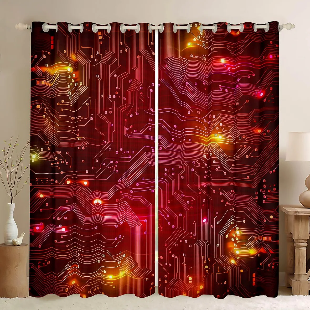 Homewish Rideau Occultant 117x183 cm Rayures Luminescentes Jaune Rose Rideau Circuit Imprimé Géométrique Néon Rideaux Voilage Lignes Dégradées Voilage Fenetre Géométrique Scintillant Tendance