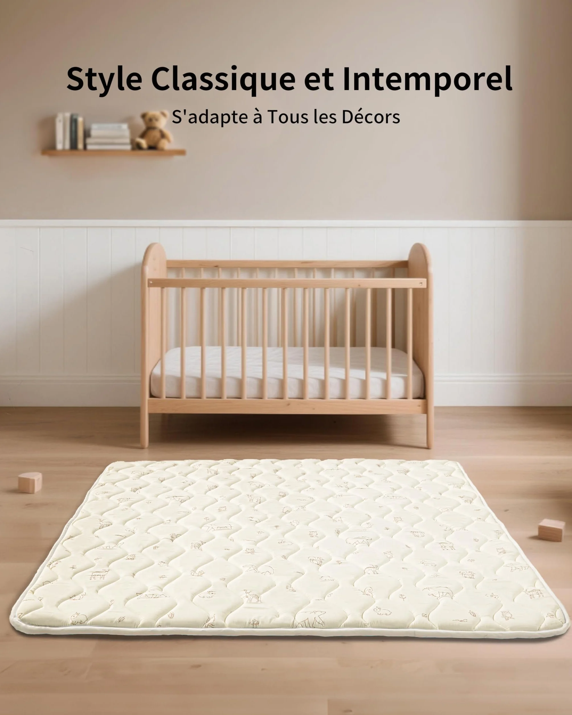 Tapis Bébé Pliable 120x120cm Antidérapant Matelas Mousse Lavable Motricité Sol Parc 0-24 Mois Forêt Beige
