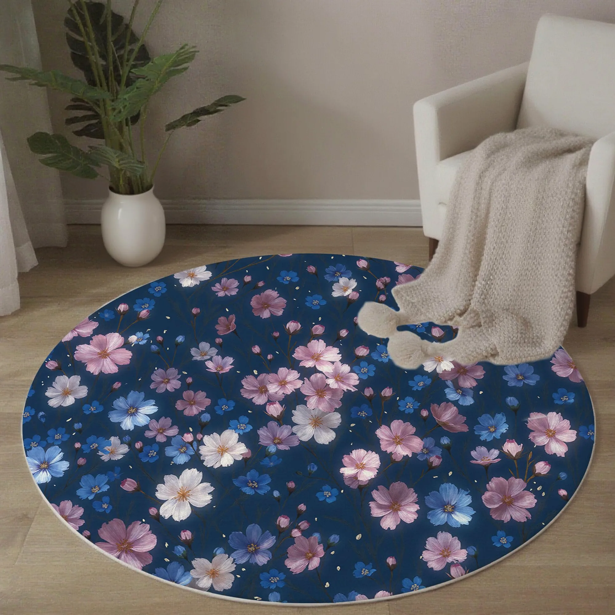 Tapis Rond Fleurs Printanières Romantiques Ciel Étoilé Végétal - Moquette Lavable Poils Courts Doux Antidérapant Pour Chambre À Coucher Salon Vestibule Entrée Chambre D'Enfant, Bleu Marine 100 Cm