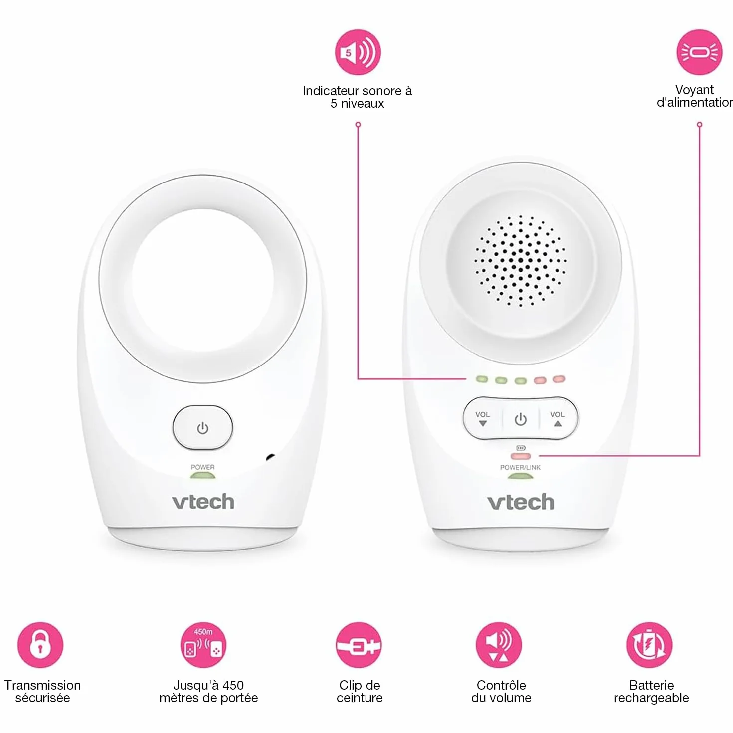 VTech DM1111 Babyphone Audio Numérique DECT avec Affichage du Niveau de Bruit et Clip Ceinture