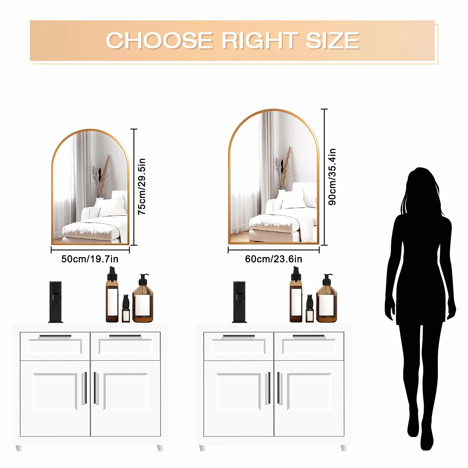 Dripex Miroir Mural Arche 60x90cm Or Cadre Alliage Aluminium Grand Miroir Maquillage
