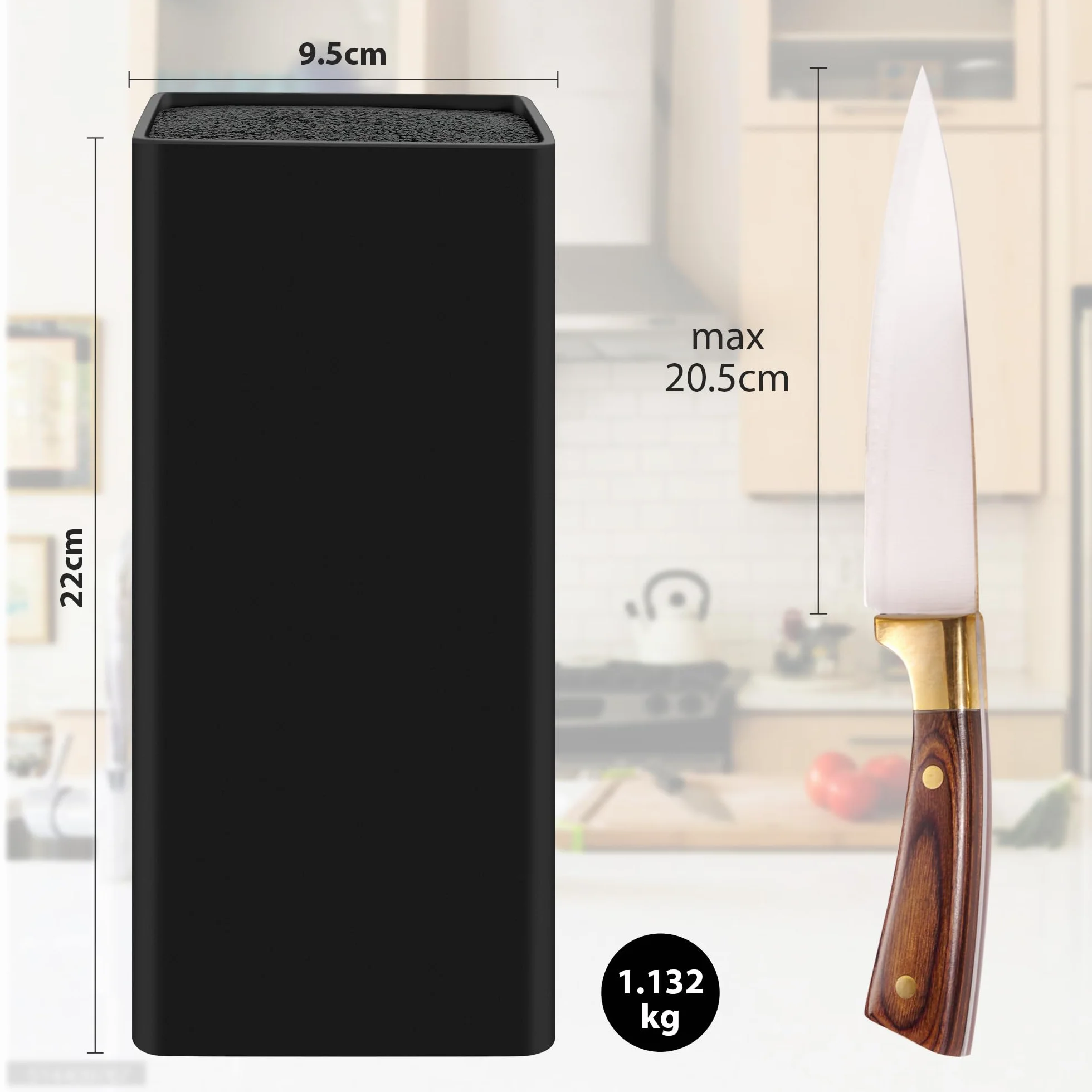 Bloc Couteaux Vide Noir Universel pour Cuisine, Porte-Couteaux avec Lattes Flexibles, 22 x 9.5 x 9.5 cm