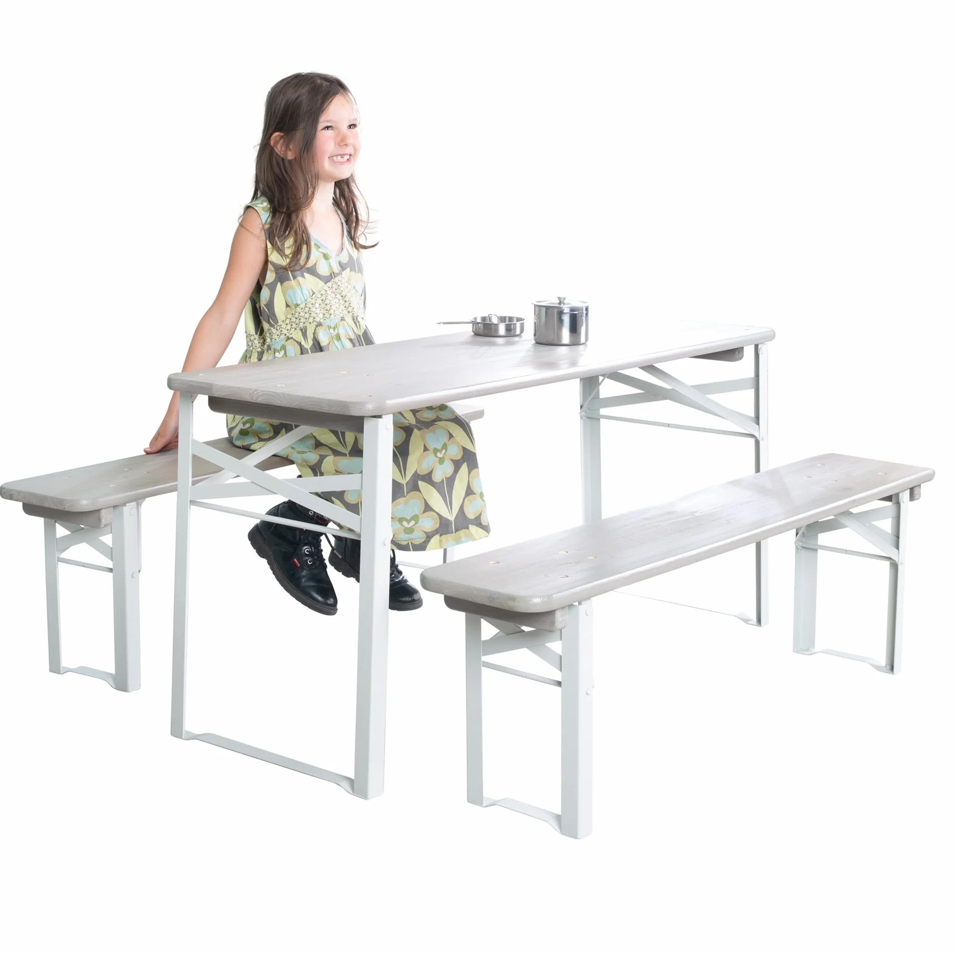 Table et 2 Bancs de Jardin pour Enfants Bois Massif Gris 4 Places Pliants