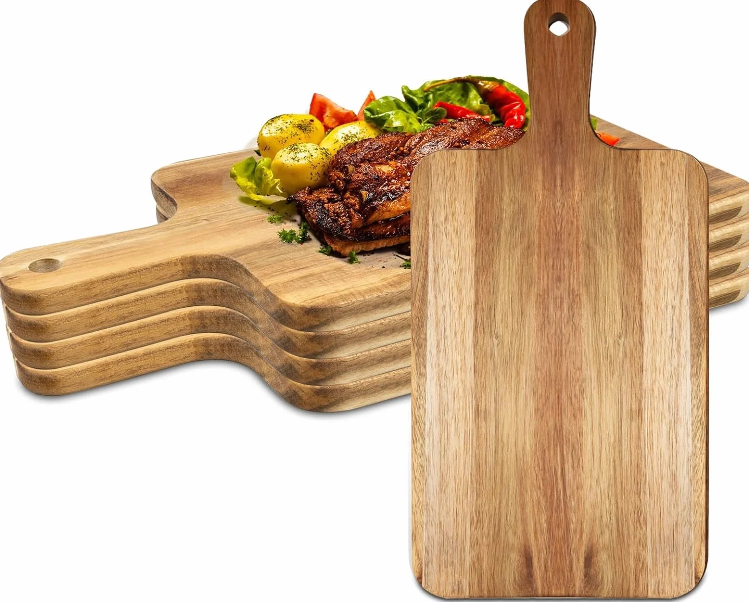 Lot de 5 planches à découper en bois d'acacia avec poignée - Planches à découper en bois pour viande, pain, fruits, fromage - Planche de service, planche à charcuterie, blocs de découpe - 7,8x15,7 pou