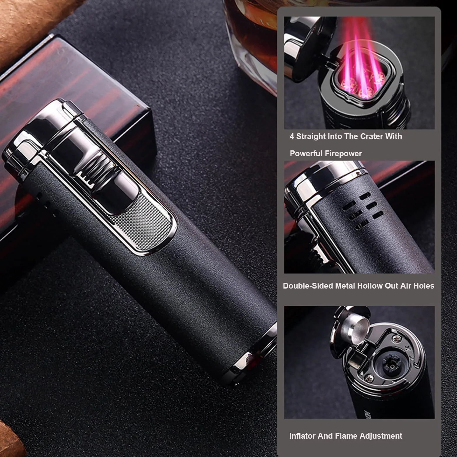 Generic Briquet Gonflable en Métal Cylindrique 4 Jet Flamme Rouge Rechargeable Butane Briquet Cigarette Allume-Cigare Accessoires Fumeurs pour Hommes,Silver
