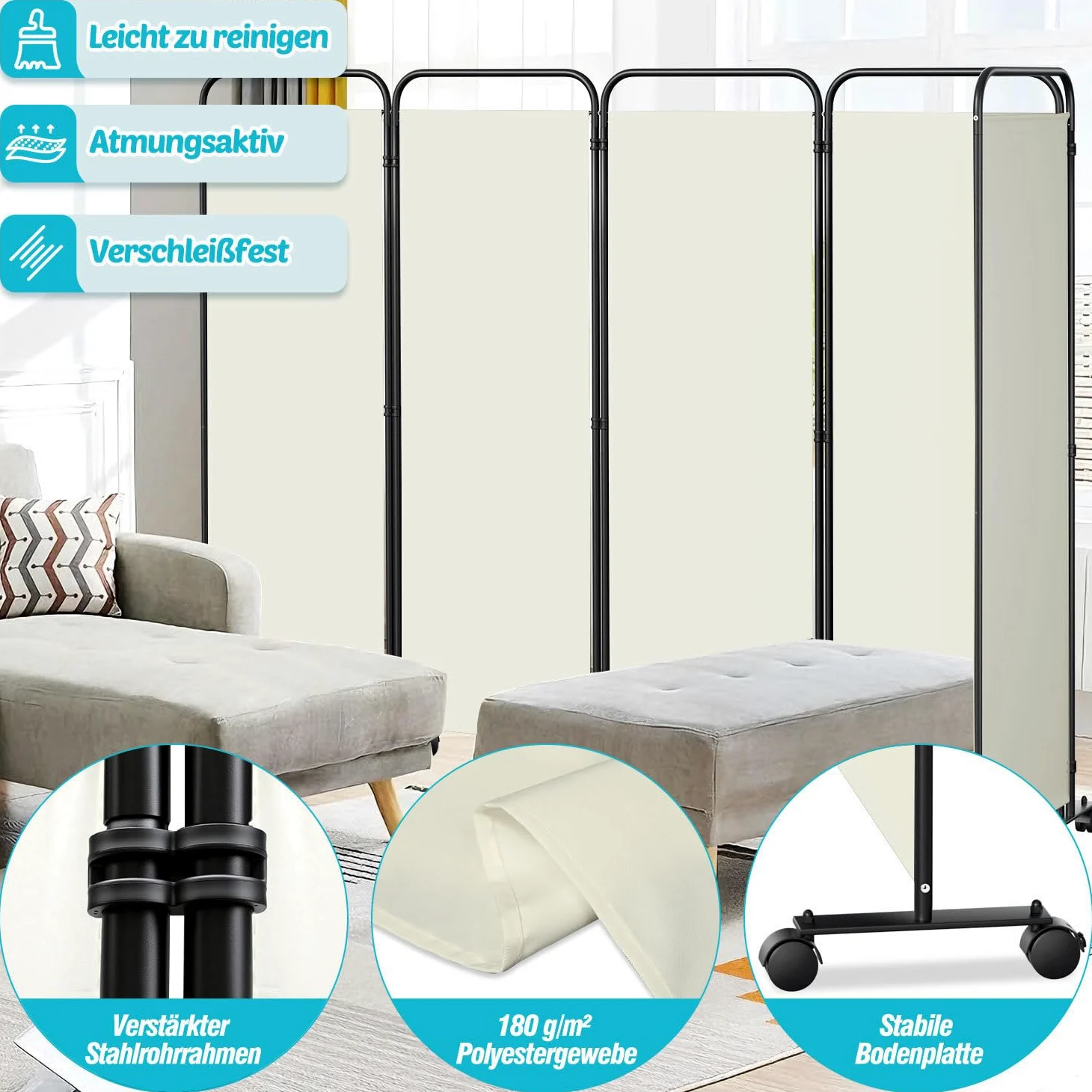 Paravent de séparation de pièce pliable sur roulettes - 5 pièces - 284 x 180 cm - Séparateur de pièce autonome pour bureau et chambre à coucher - Beige