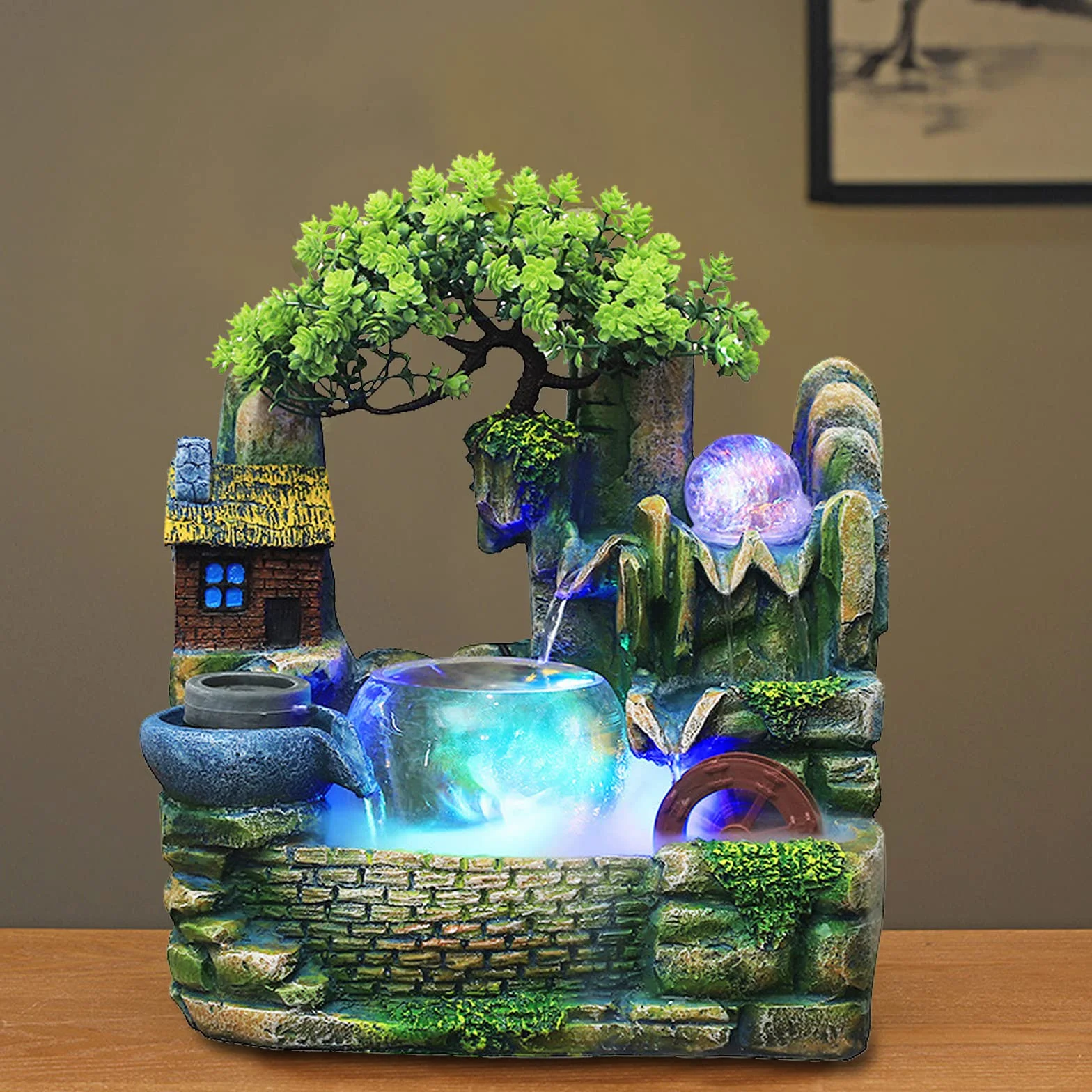Fontaine d'intérieur avec éclairage LED et brouillard - Cascade de table - Décoration salon bureau