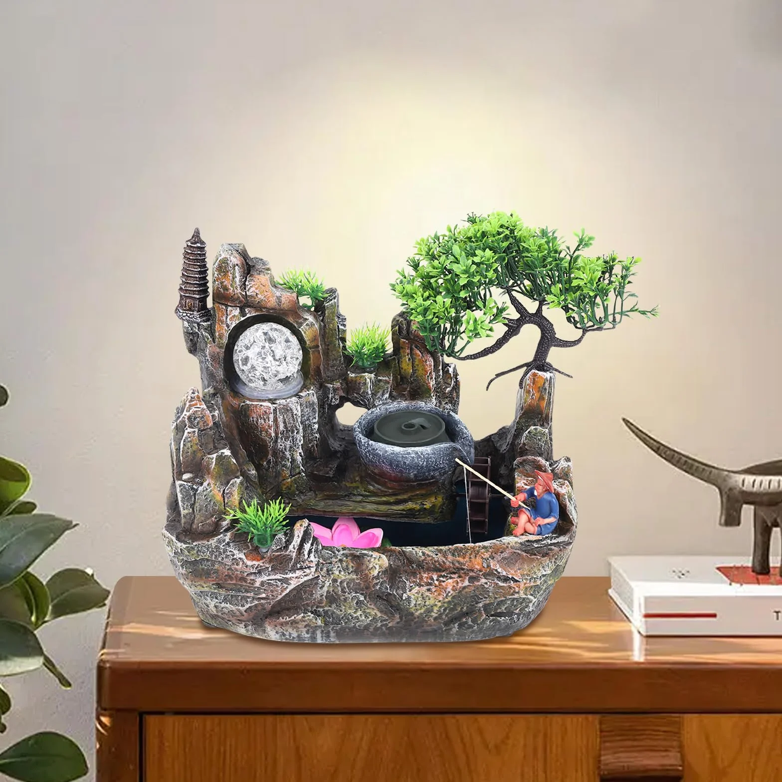 Fontaine intérieur LED avec plante verte brouillard cascade table