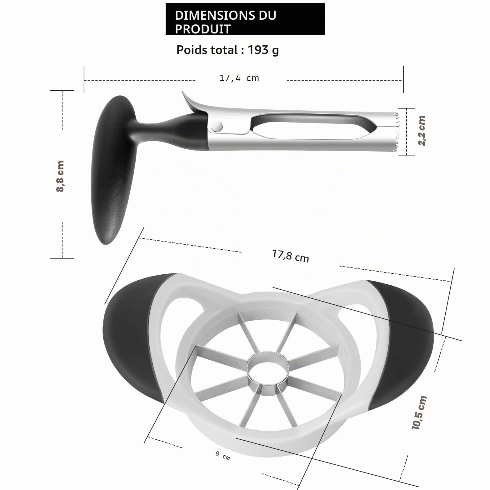 Trancheuse et vide-pommes en acier inoxydable, coupe-pommes noir