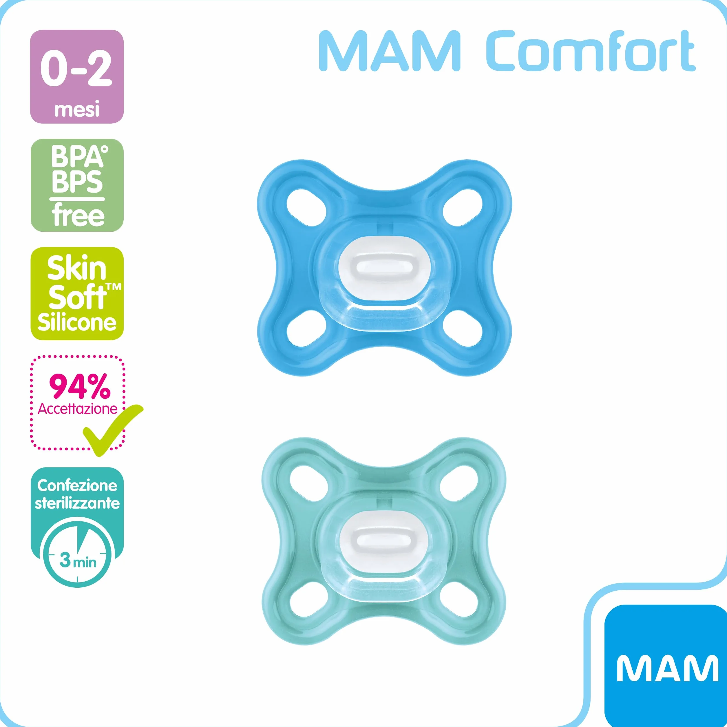 Sucette 100% Silicone 0-3 Mois Bleu Lot de 2 avec Étui