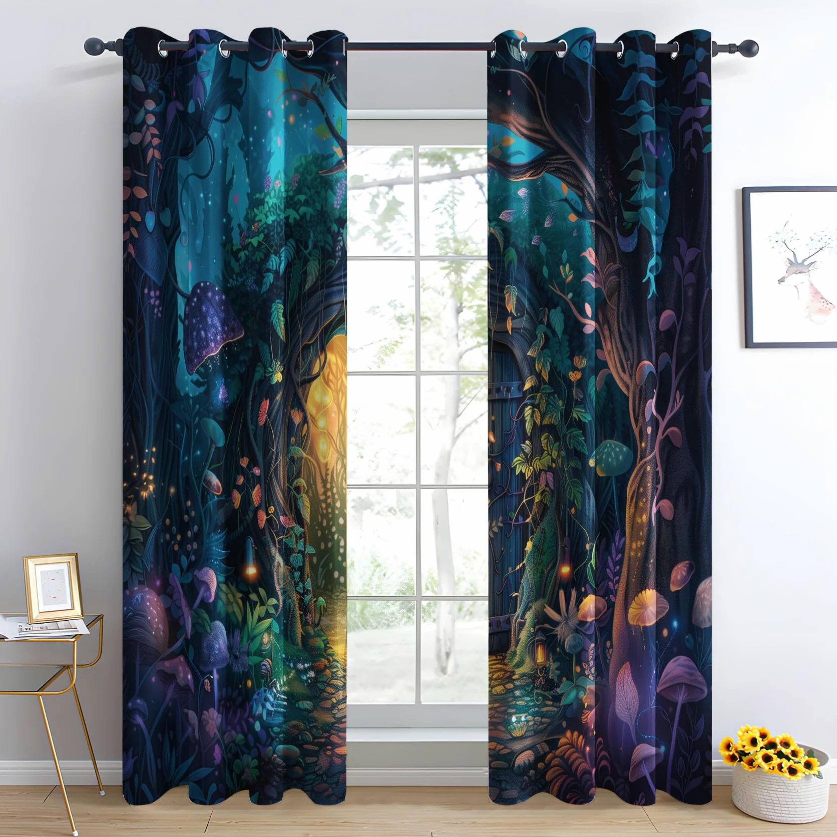 Rideau Occultant Forêt Magique, Bois Fantastique Motif Rideaux Thermiques à Oeillets, Rideaux Imprimé pour Salon Chambre Fenetre Moderne Décoration, 140x200 cm (L x H), Lot de 2