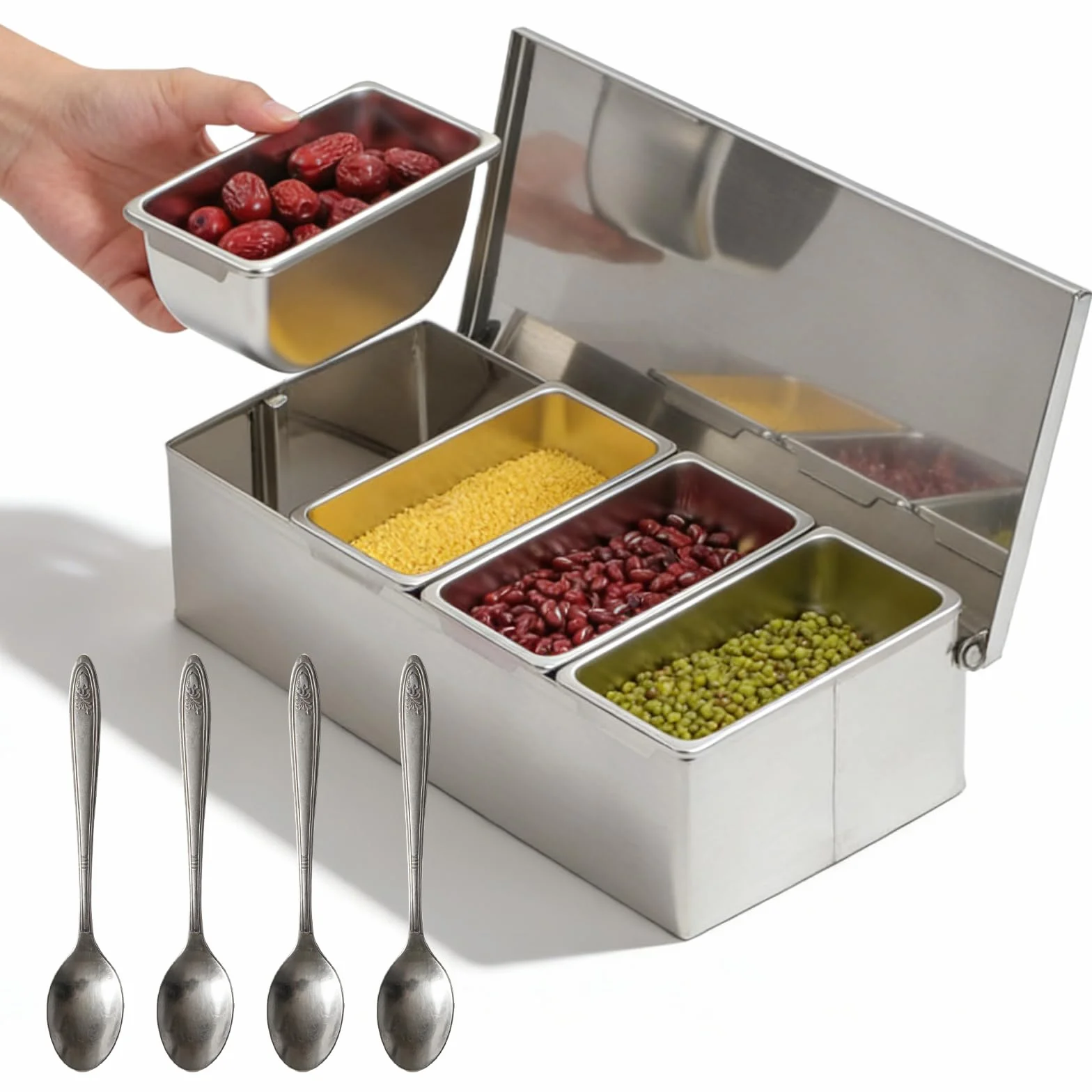 Récipient À Ingrédients Pour Pizza En Acier Inoxydable, Coffret D'assaisonnement 450 Ml 4 Compartiments