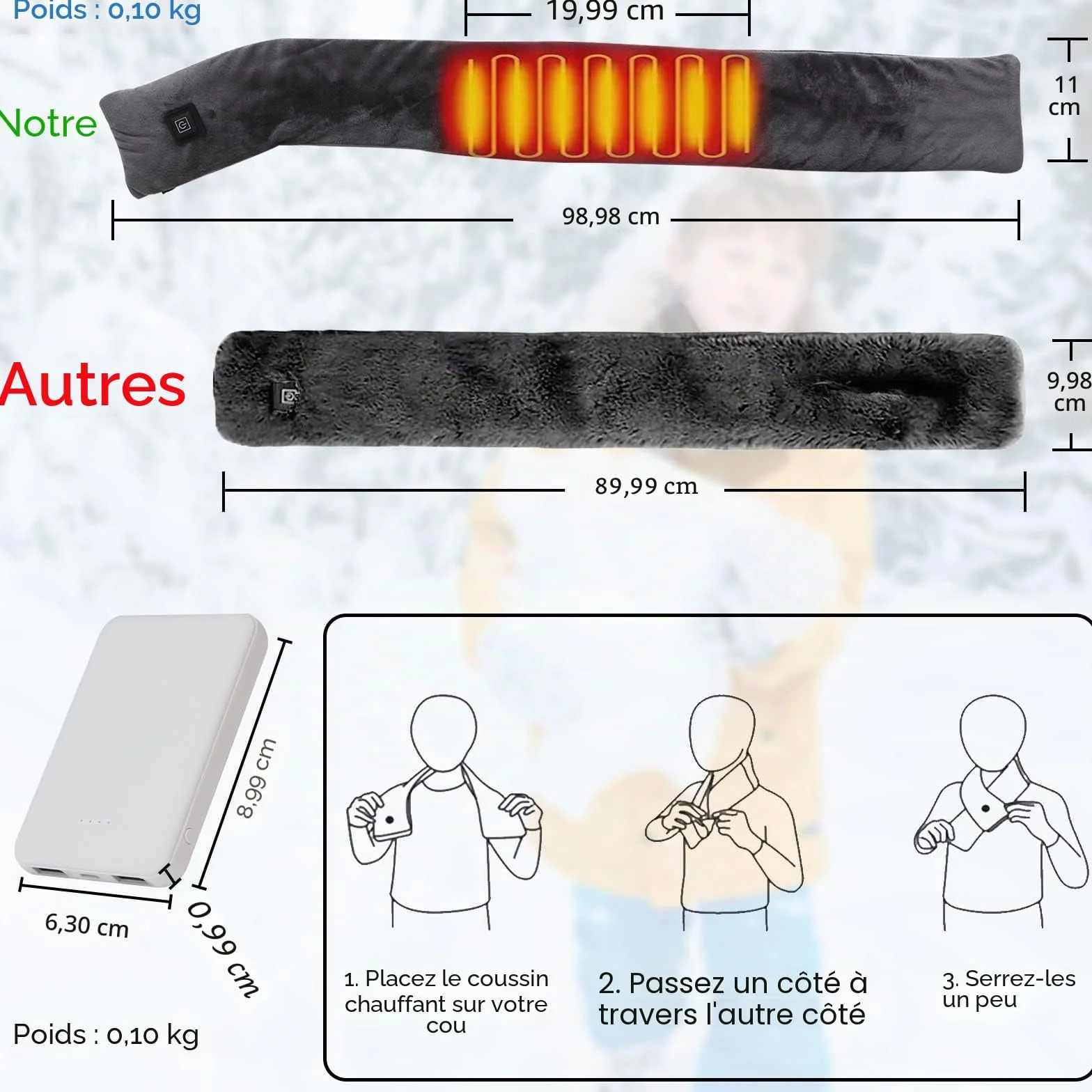 Coussin Chauffant Cervical Électrique avec Batterie 5000 mAh, Écharpe Chauffante Rechargeable