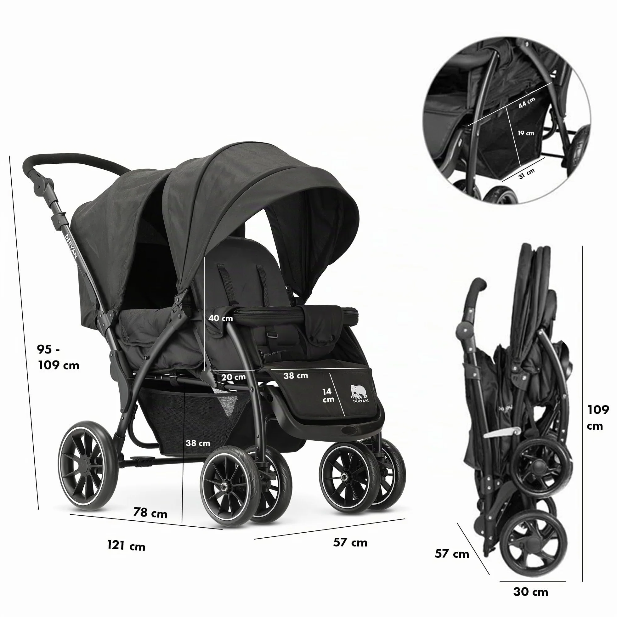 Poussette Duo Tandem pour Enfants Deryan Elena Double Duett avec Harnais 5 points Ajustable Noir