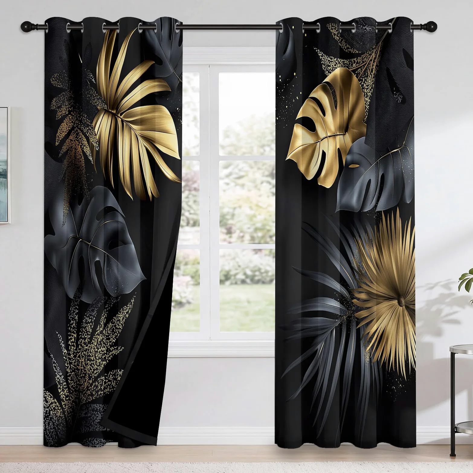 Rideau Occultant 3D Impression Feuilles Tropicales Modernes Et Élégantes Rideaux Salon Isolant Anti Froid Polyester 91.5L X 214H cm (2 Panneaux) Rideaux De pour Chambre Cuisine Décoration Noir Or