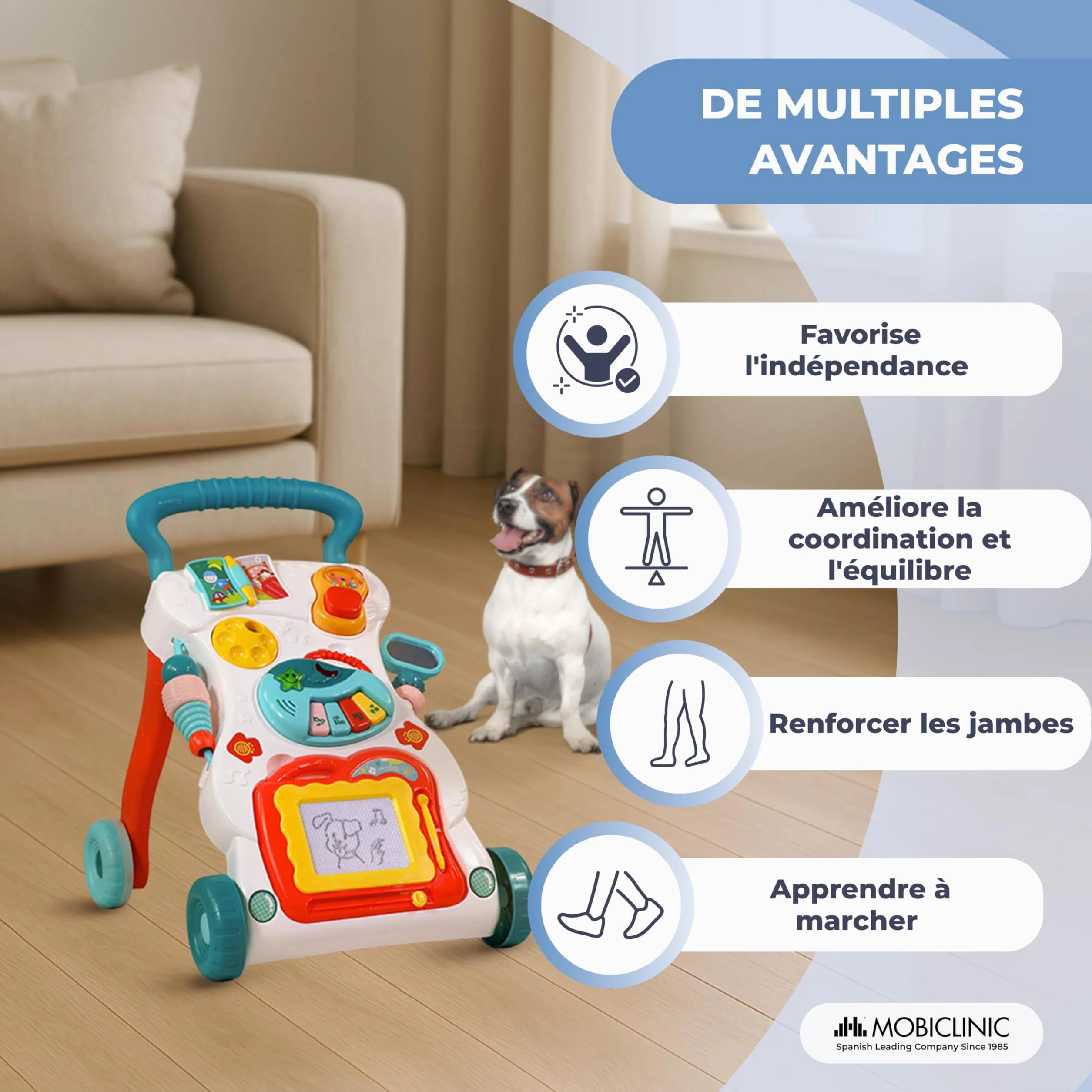 Mobiclinic Chariot de Marche Bébé avec Musique et Lumières, Vitesse Réglable, Jouets Amovibles, + 6 mois, Multicolore